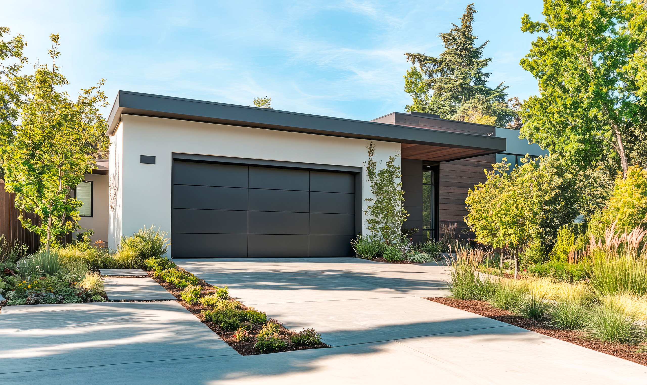 Moderne Gebäudefassade mit dunklem Sektional-Garagentor, umgeben von ordentlich angeordnetem Grün und einer sauberen Betonauffahrt.