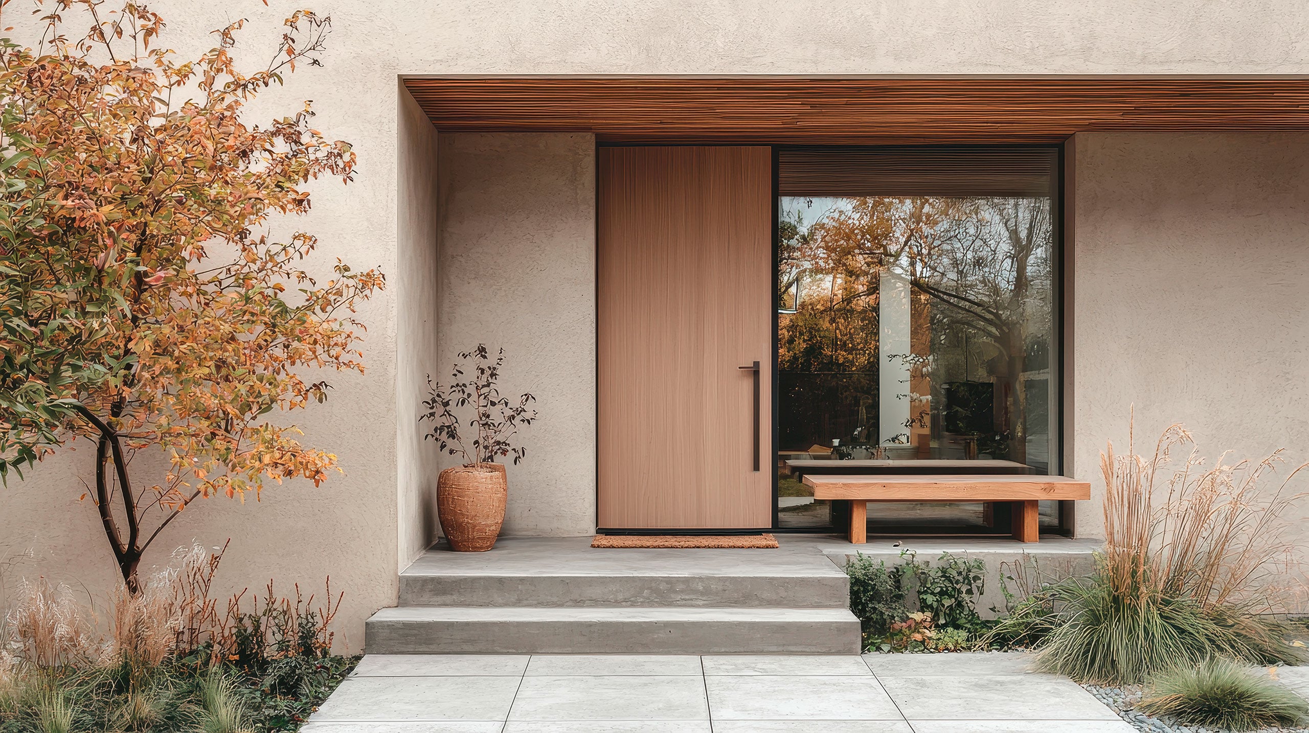 Extravaganter Eingangsbereich eines hochmodernen Architektenhauses mit beiger Fassade, sowie einer Haustüre aus edlem Massivholz und einem breiten seitlichen Sichtfenster mit einladender Sitzbank davor..