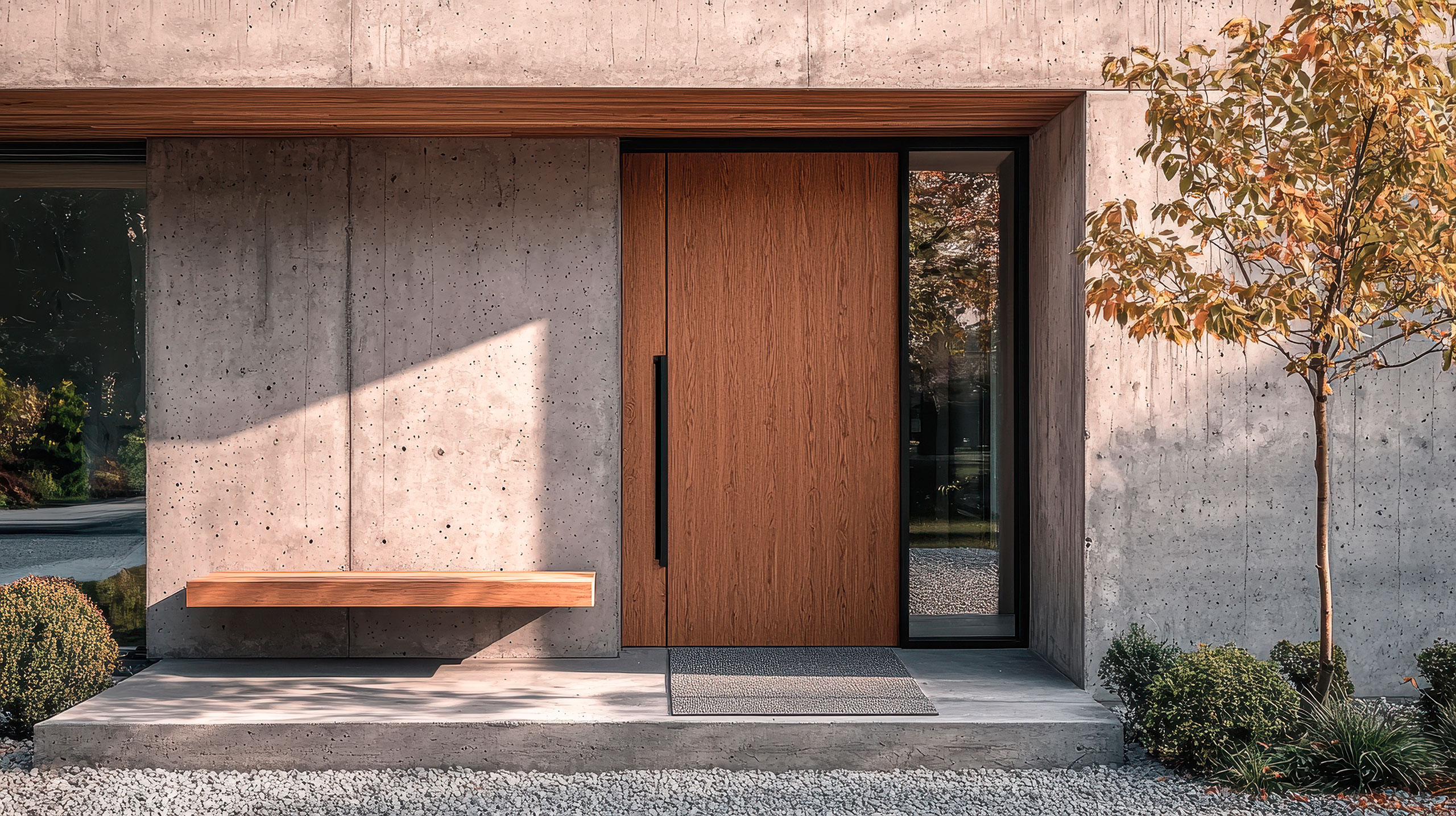 Extravaganter Eingangsbereich eines hochmodernen Architektenhauses mit Betonfassade, sowie einer Haustüre aus edlem Massivholz und einem seitlichen Sichtfenster.