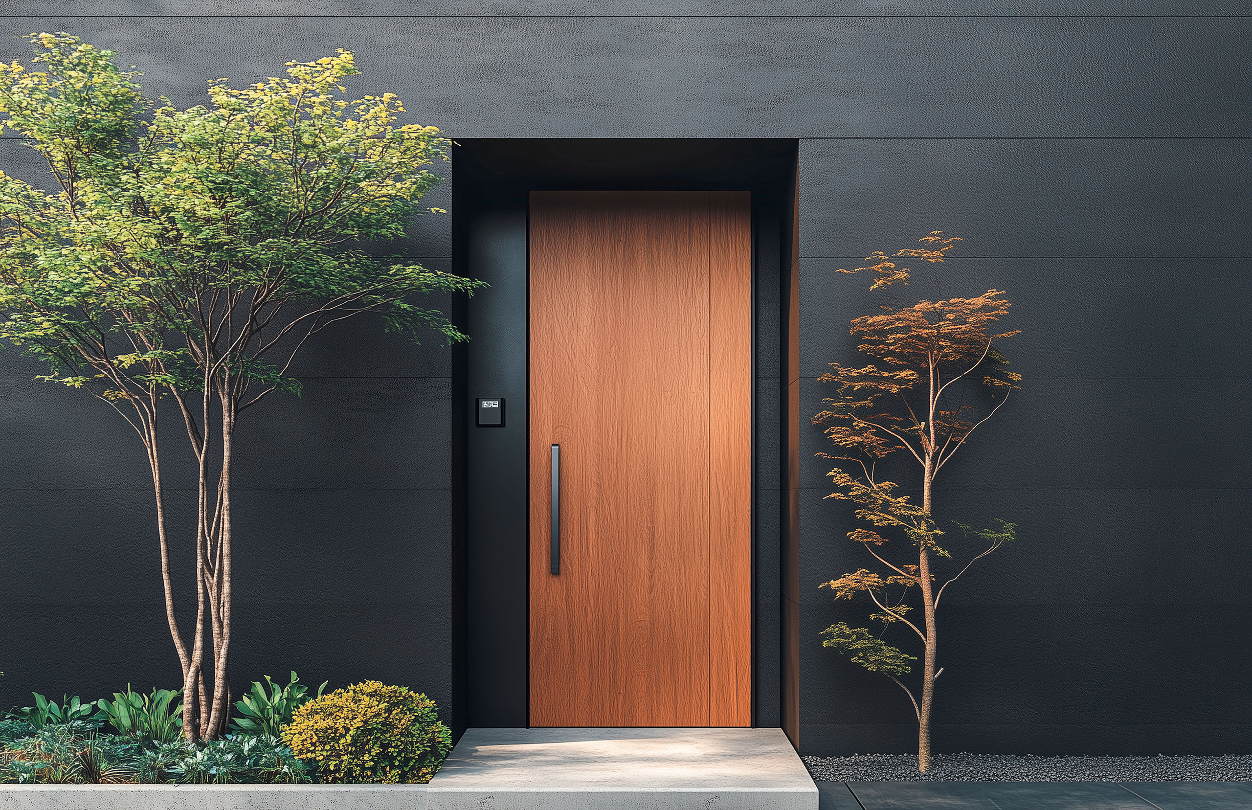 Hochmoderner Eingangsbereich eines Architektenhauses m it schlichter Haustüre aus edlem Massivholz und einem vertikalen Türgriff aus Metall sowie einer biometrischen Zutrittskontrolle via Fingerprint-Scanner.