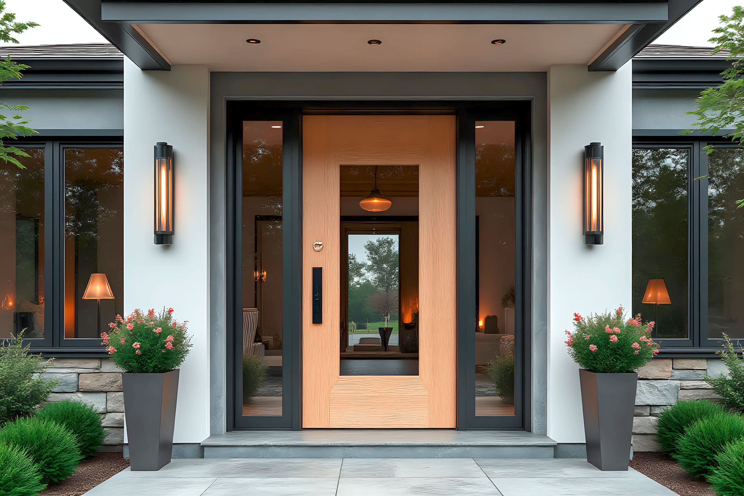 Designer-Eingangstür eines modernen Landhauses in hellem Holz mit Glasausschnitt und seitlichen Glaselementen.