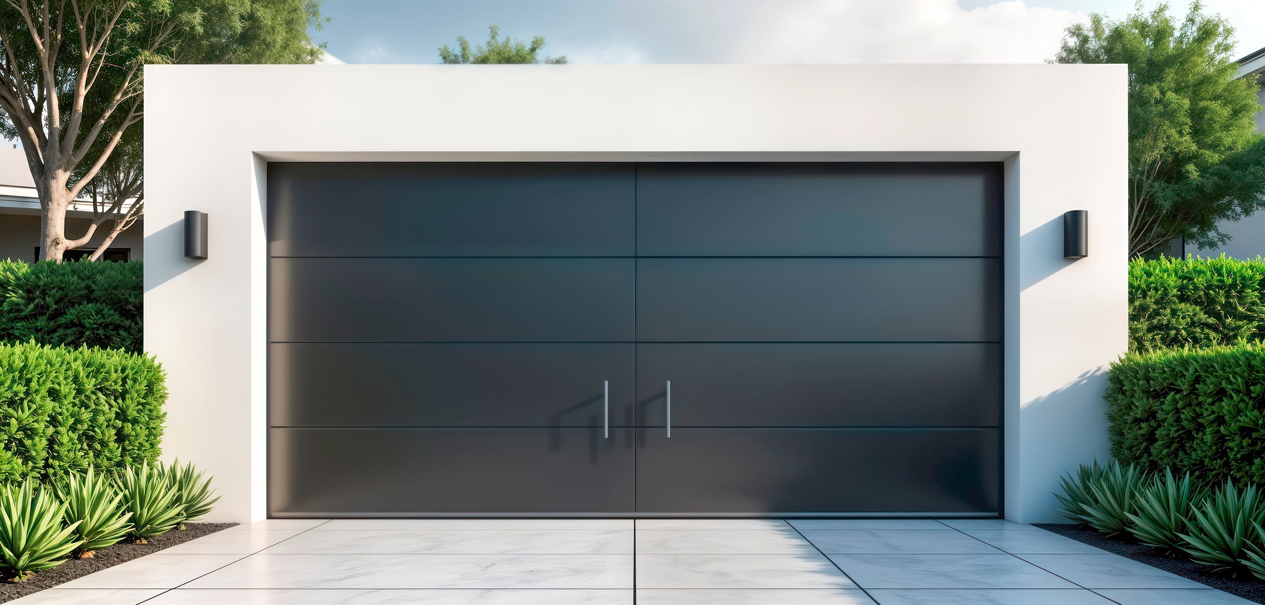 Moderne Garage mit einem Garagentor in anthrazit mit vertikalen Metallelementen und zwei Flügeltüren, die mit dezenten Griffstangen zu öffnen sind.