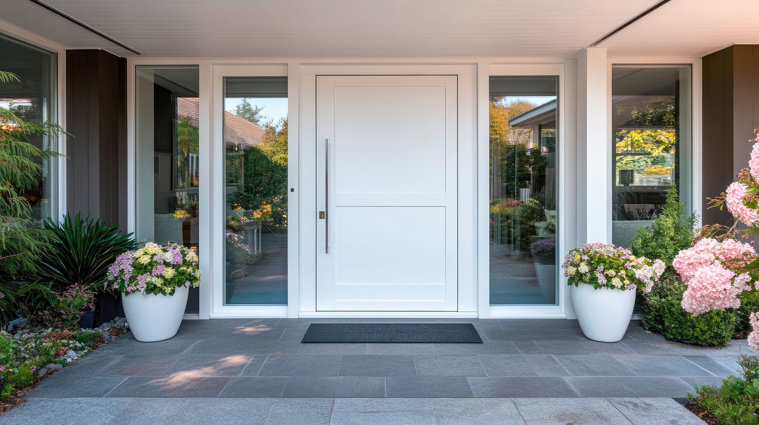 Außenansicht eines modernen Landhauses mit einer Eicheneingangstür, die von seitlichen Glaspaneelen eingerahmt wird. Üppige Bepflanzung unterstreicht die einladende Atmosphäre des Eingangsbereichs.