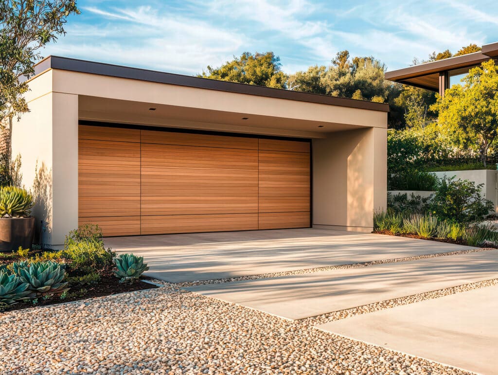 Modernes Garagendesign mit klaren Linien und schlankem und zeitgenössischem Design. Die freistehende Garage verfügt über ein helles, holzgetäfeltes Sektionaltor, die das minimalistische Gesamtbild ergänzt .