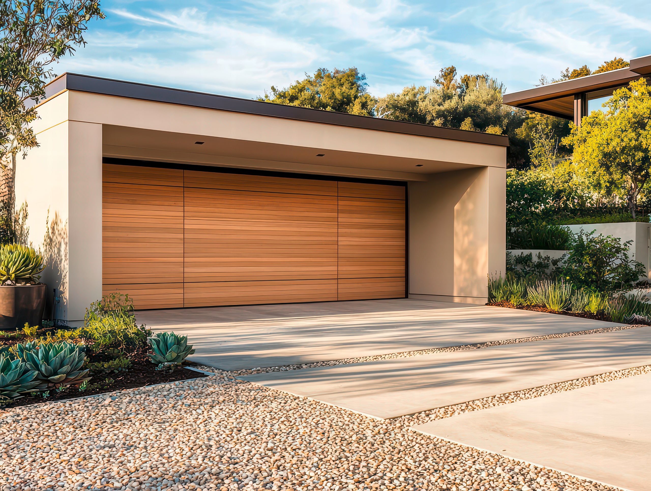 Modernes Garagendesign mit klaren Linien und schlankem und zeitgenössischem Design. Die freistehende Garage verfügt über ein helles, holzgetäfeltes Sektionaltor, die das minimalistische Gesamtbild ergänzt .