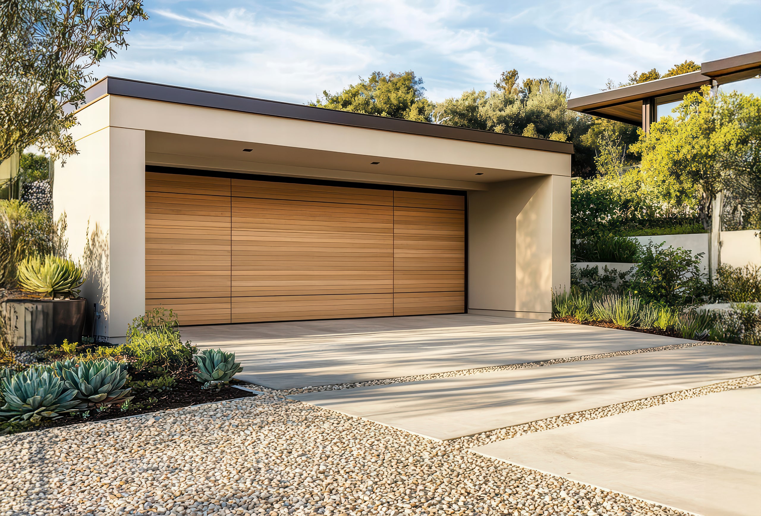 Modernes Garagendesign mit klaren Linien und schlankem und zeitgenössischem Design. Die freistehende Garage verfügt über ein helles, holzgetäfeltes Sektionaltor, die das minimalistische Gesamtbild ergänzt .