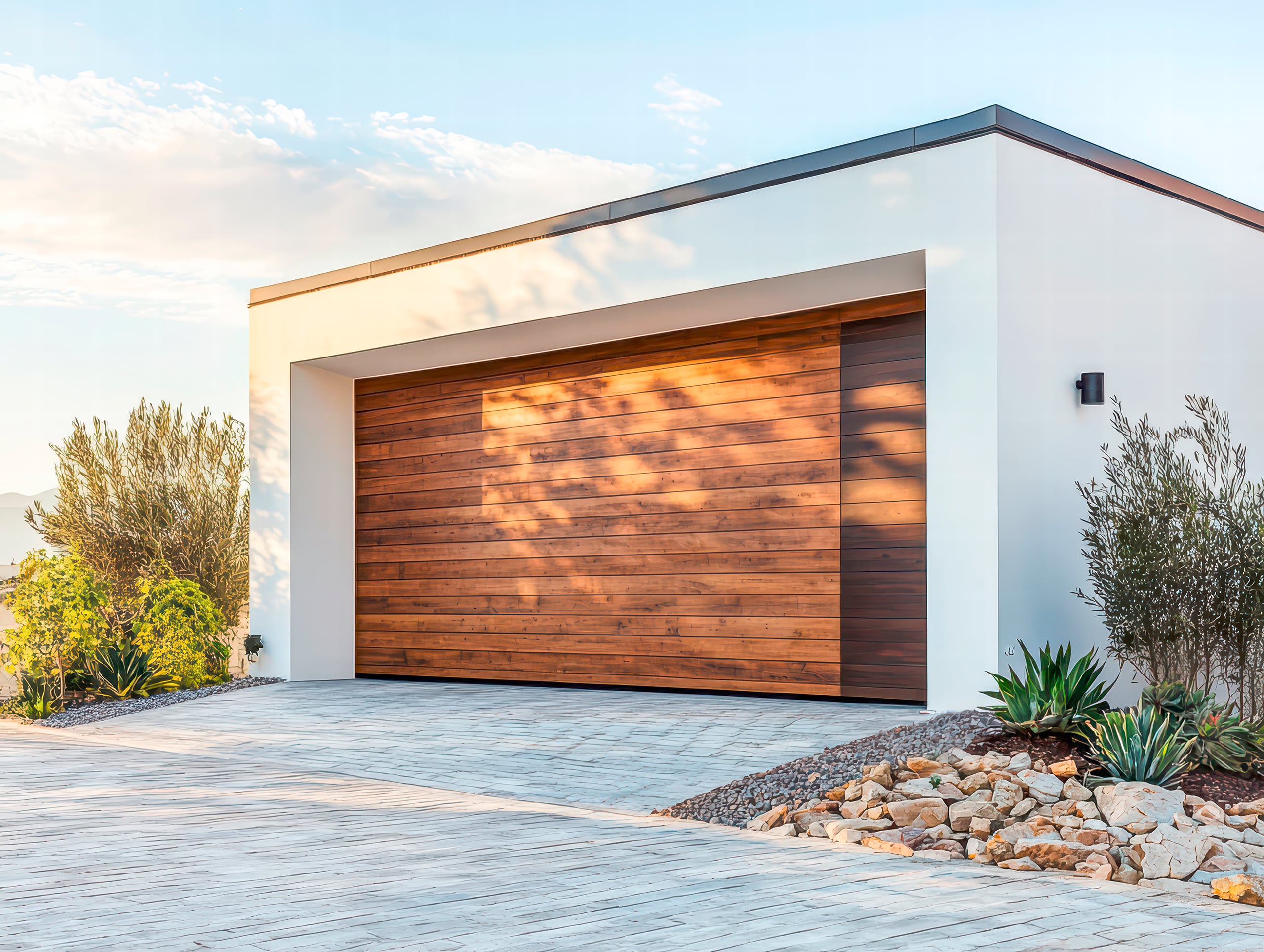 Freistehende, moderne Garage mit einem Garagentor aus horizontalen Holzelementen.