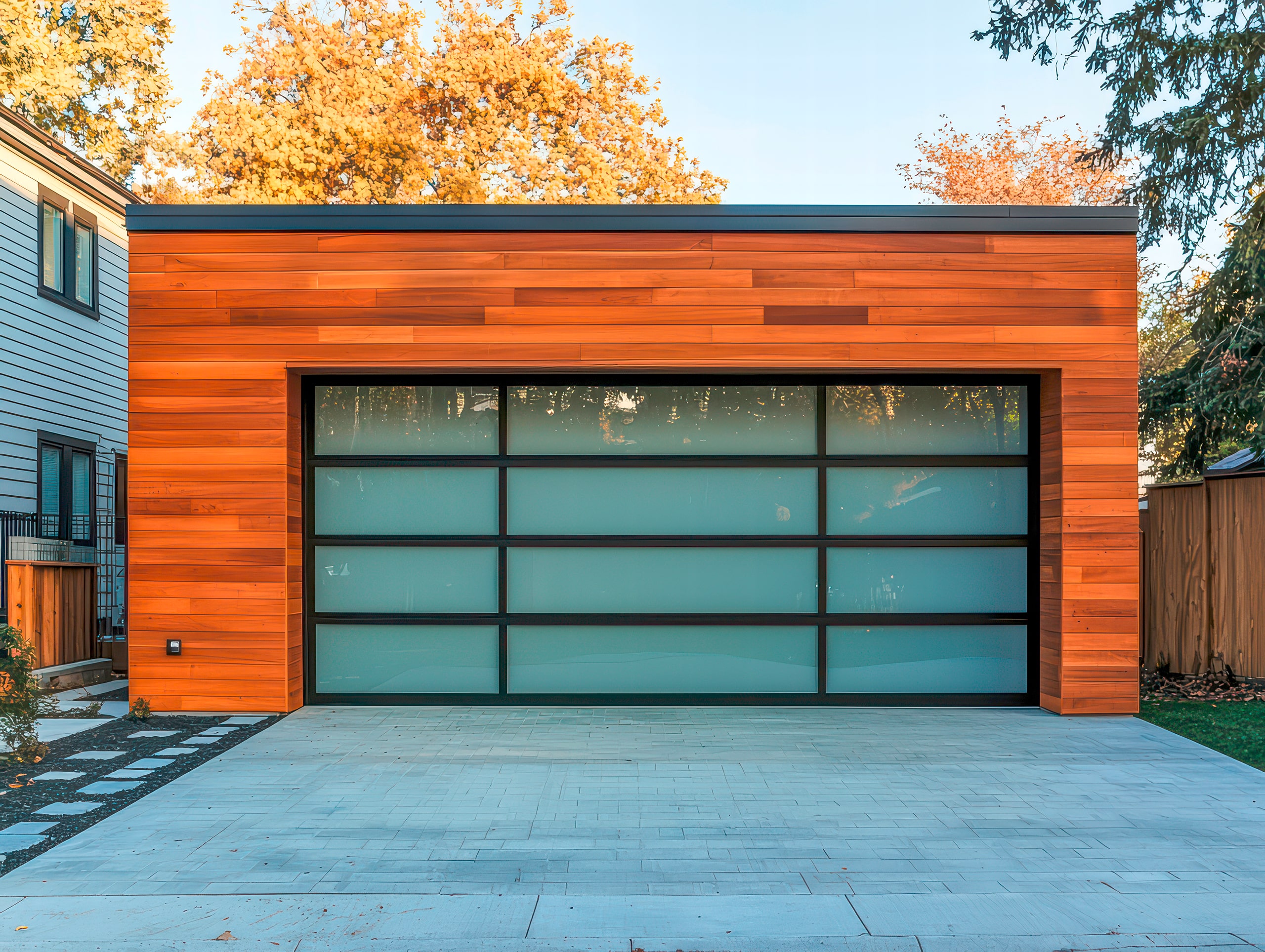 Garage im skandinavischen Stil mit schlichter Holzfassade, Flachdach und großen, mattierten Glastüren, die als Decken-Sektionaltor konstruiert sind.