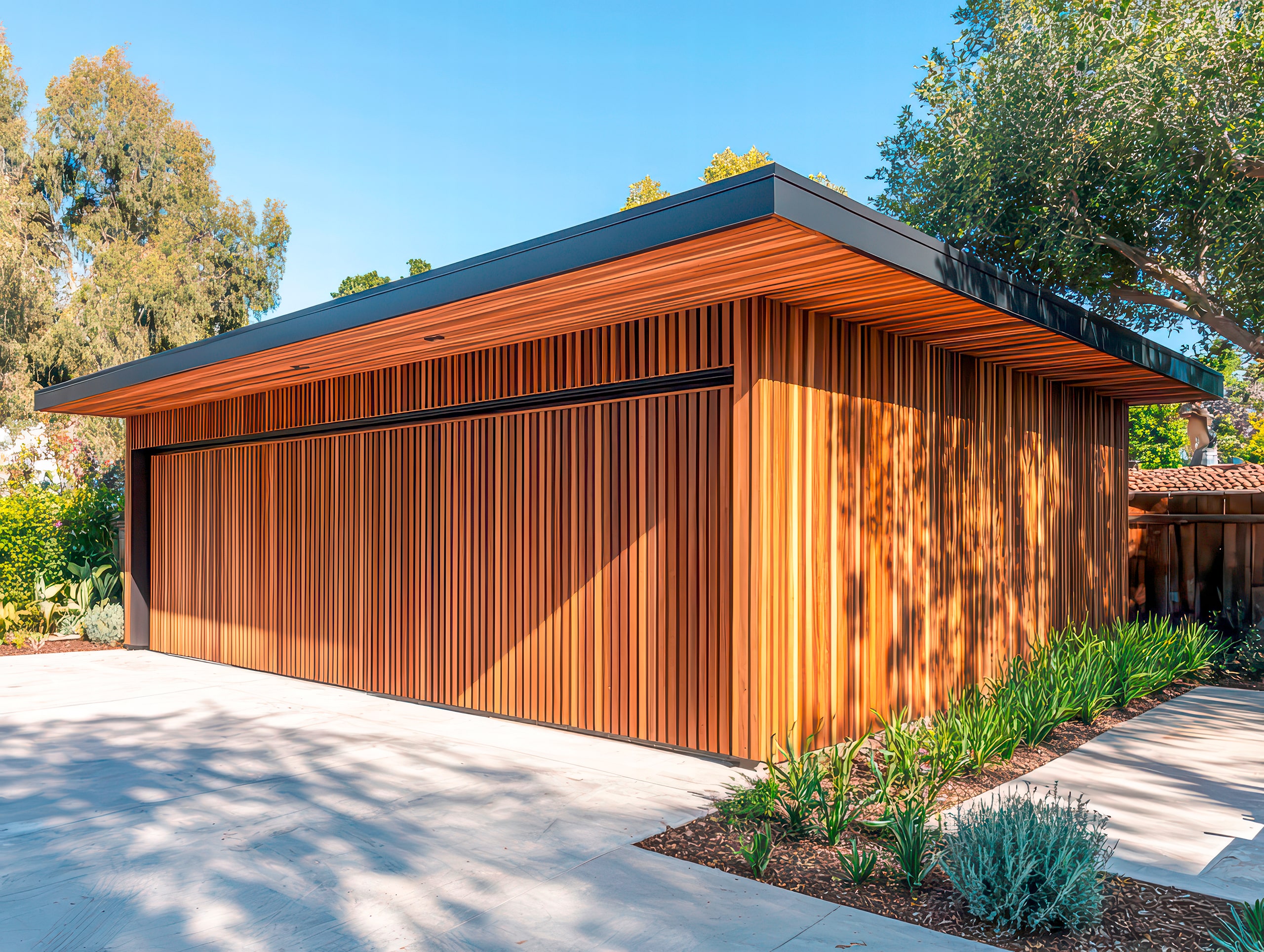 Seitenansicht einer Doppelgarage mit vertikaler Holzlamellenverkleidung und einem breiten Schwing-Garagentor, Flachdach mit weit überstehendem Dachüberstand und minimalistischer seitlicher Bepflanzung.