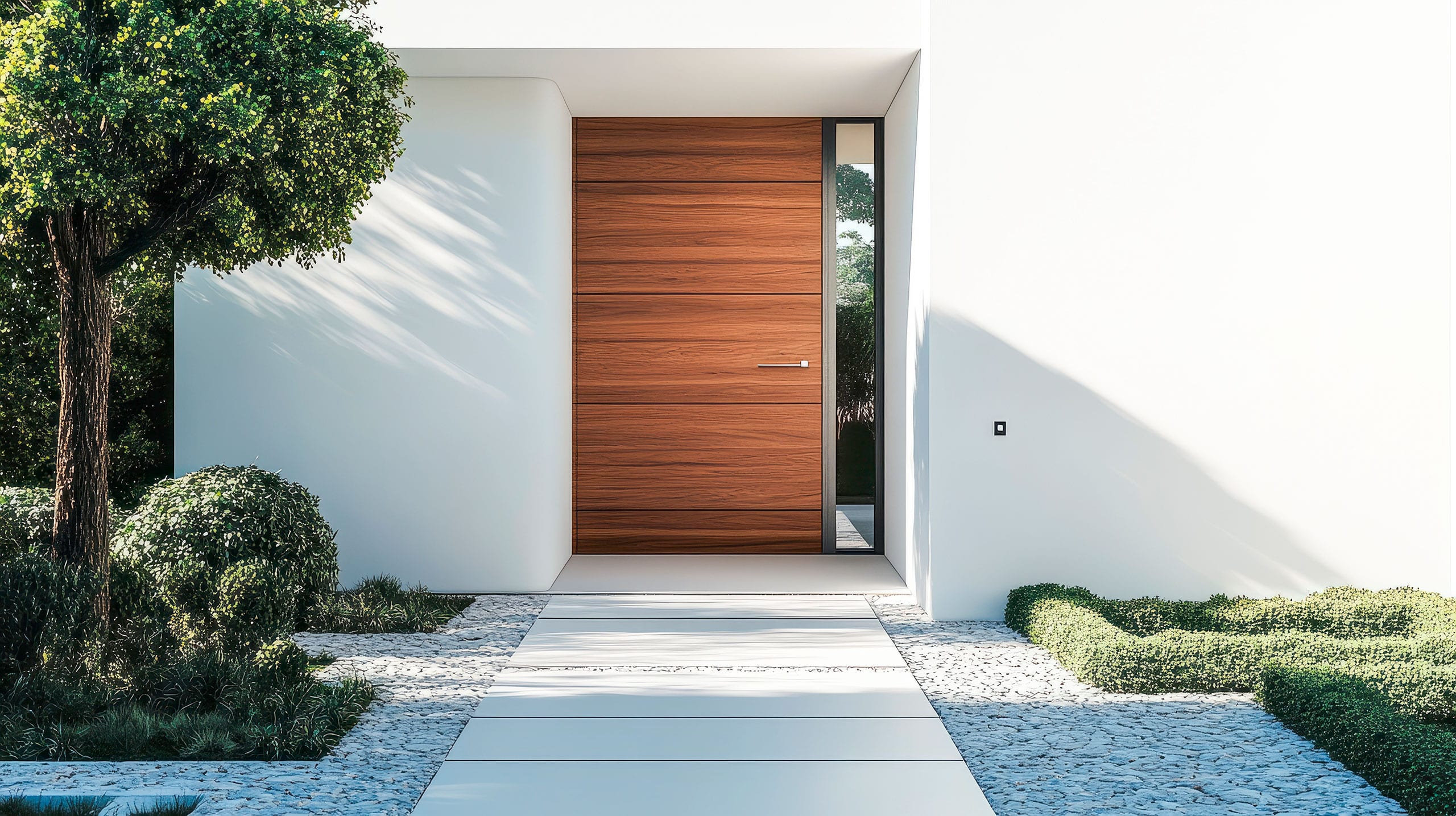 Moderner Hauseingang mit einer Haustür aus Naturholz, strahlend weißen Wänden und einem Weg aus breiten Betonsteinplatten.