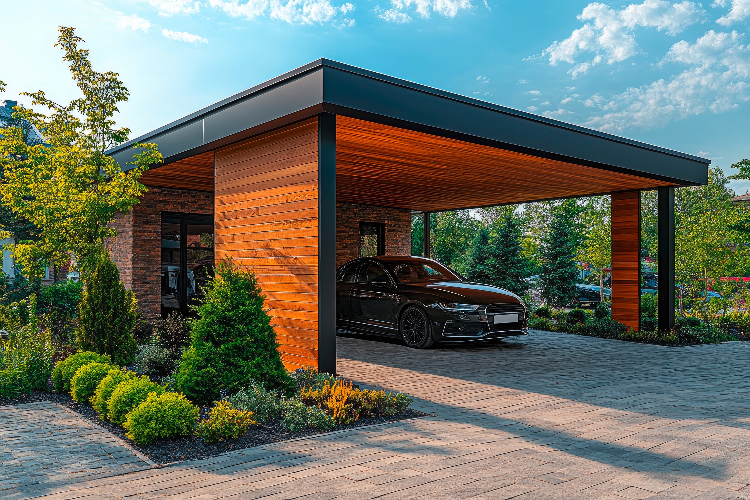 Moderner Carport mit elegantem schwarzen Auto und üppiger Landschaftsgestaltung.
