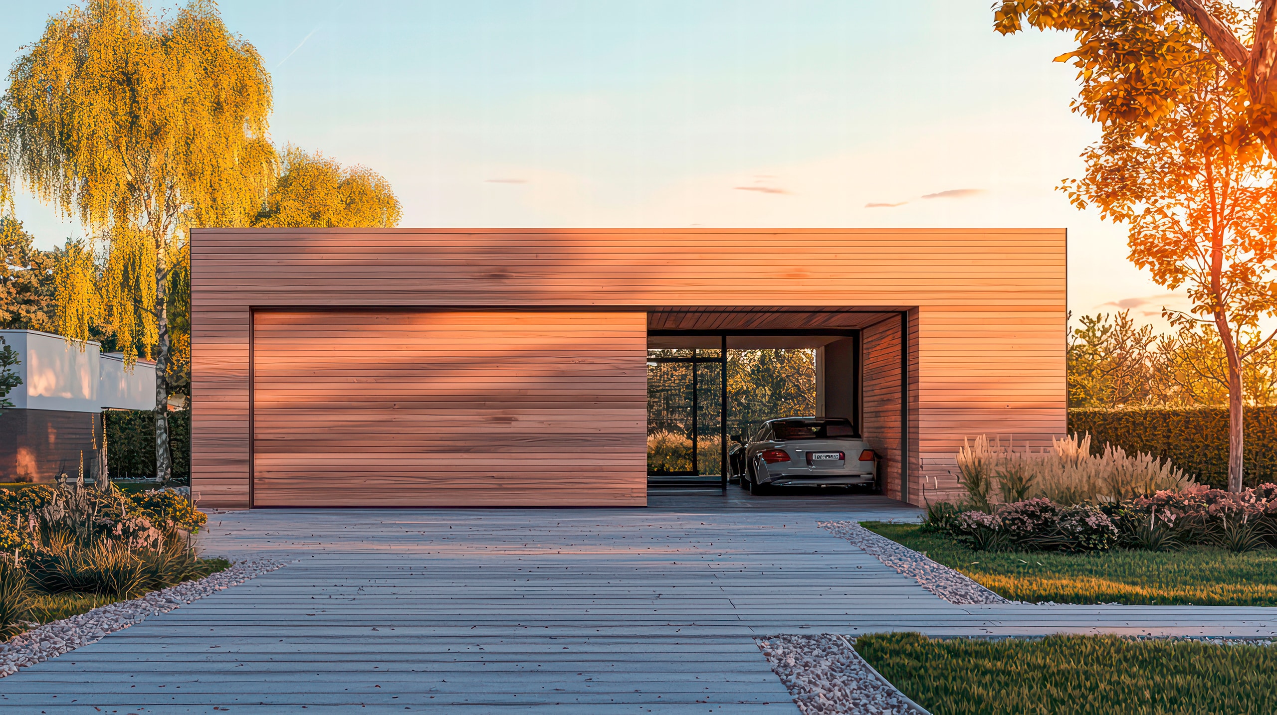 Moderne, freistehende Garage mit einer Holzfassade und einer breiten, rechteckigen Schiebetür, die offen steht und ein parkendes Auto erkennen lässt.