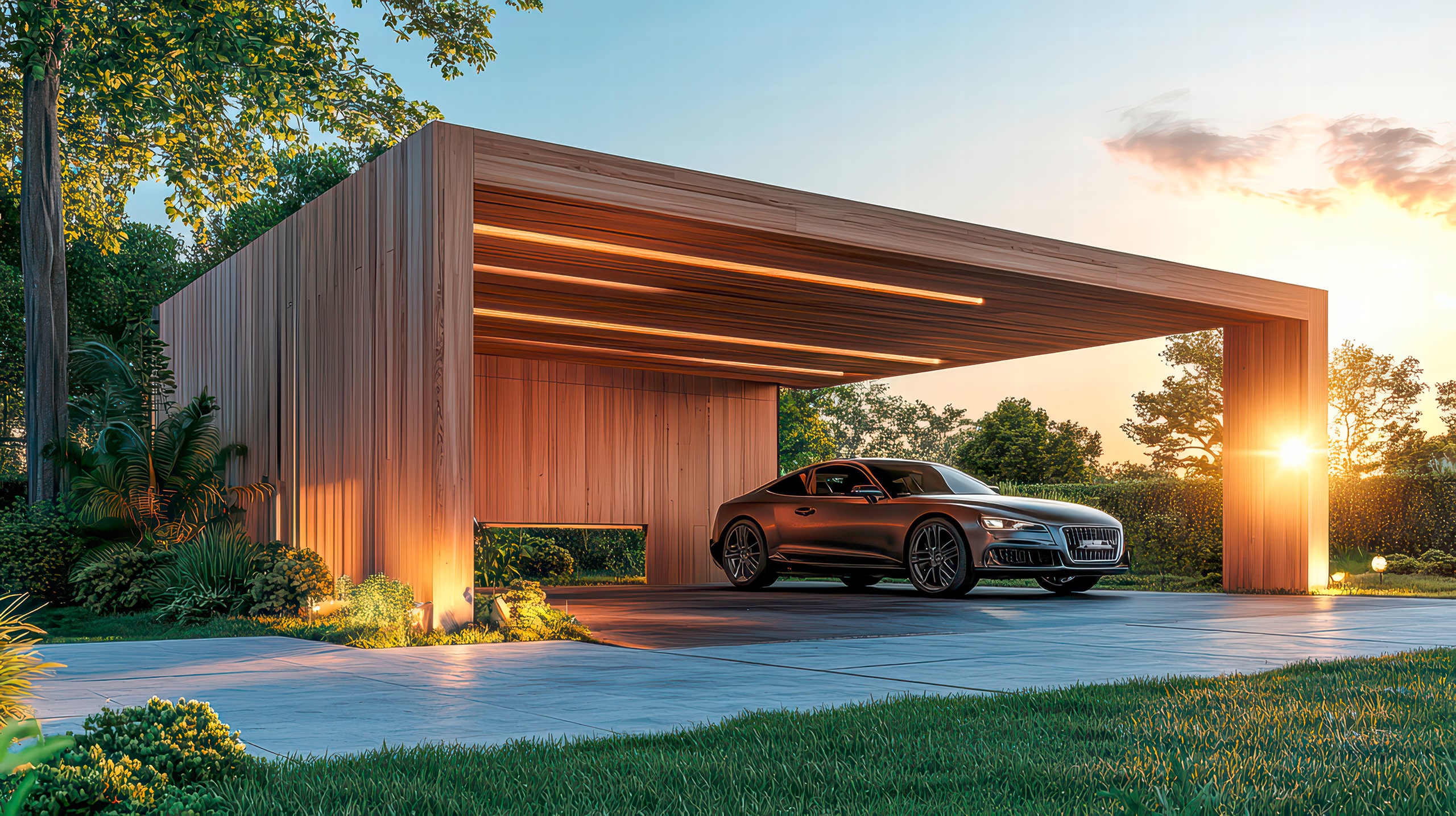 Modernes Carport-Design: Ein elegantes, dunkel gefärbtes Auto ruht unter einem modernen Holzcarport, der bei Sonnenuntergang von warmem, integriertem Licht erhellt wird.