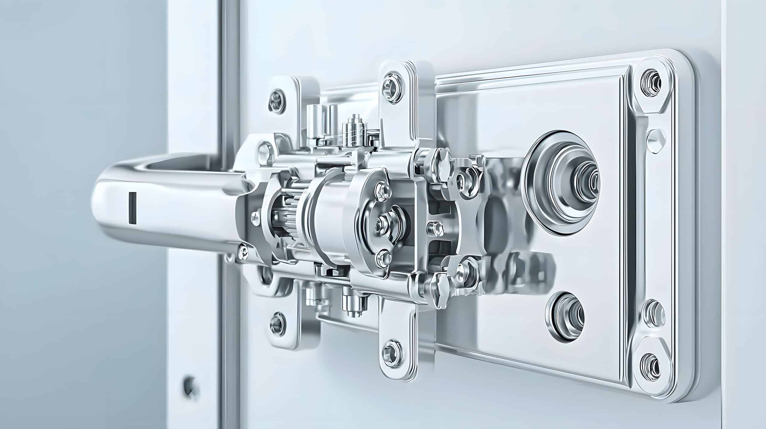 Detailliertes Bild eines magnetischen Türschlossmechanismus, das seine präzise Konstruktion und sein elegantes Industriedesign hervorhebt. Die Nahaufnahme verdeutlicht die filigranen Metallkomponenten und die sichere Verriegelung.