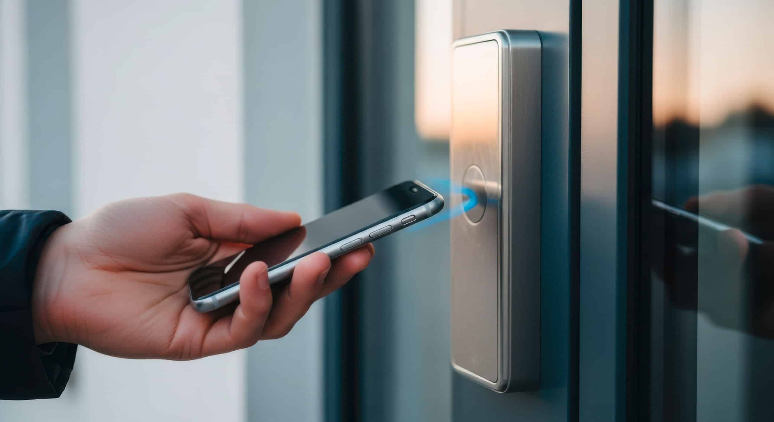 Detailansicht einer Hand, die ein Smartphone in der Nähe eines modernen Zutrittskontrollsystems hält und so über die Eingangstür Zugang zum Wohnraum erhält..