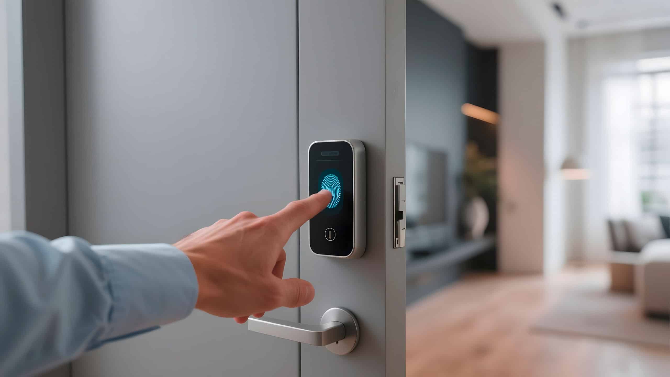 Detailansicht einer Person, die ein intelligentes Türschloss mit Fingerabdruck-Technologie nutz, und via Fingerprint Zugang über die Eingangstür in den Wohnraum hat.