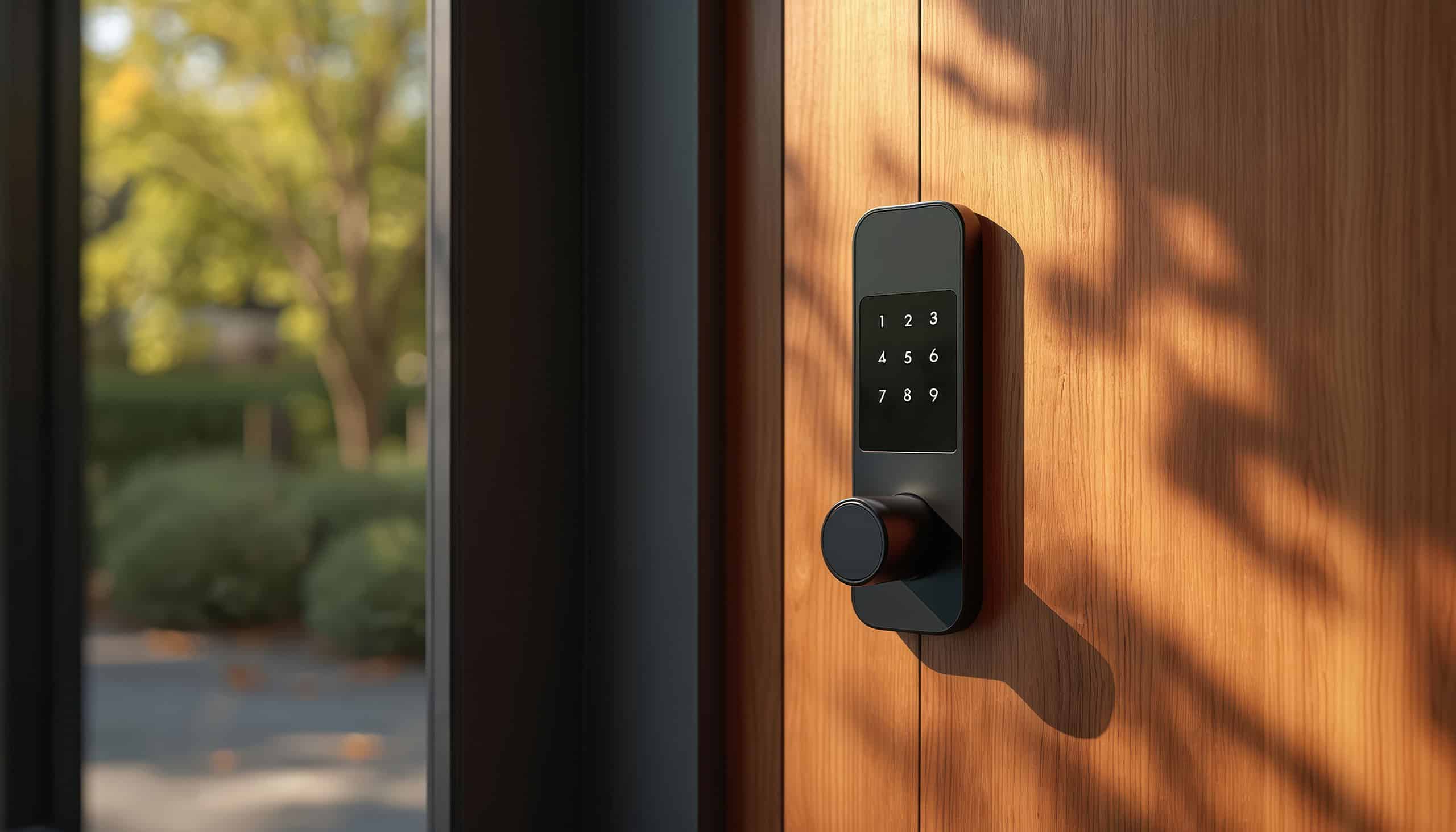 Modernes, schwarzes digitales Türschloss mit einem Tastenfeld zur Code-Eingabe im eleganten Design auf einer modernen Eingangstür aus Holz als Sicherheitssystem für den Hauszugang.