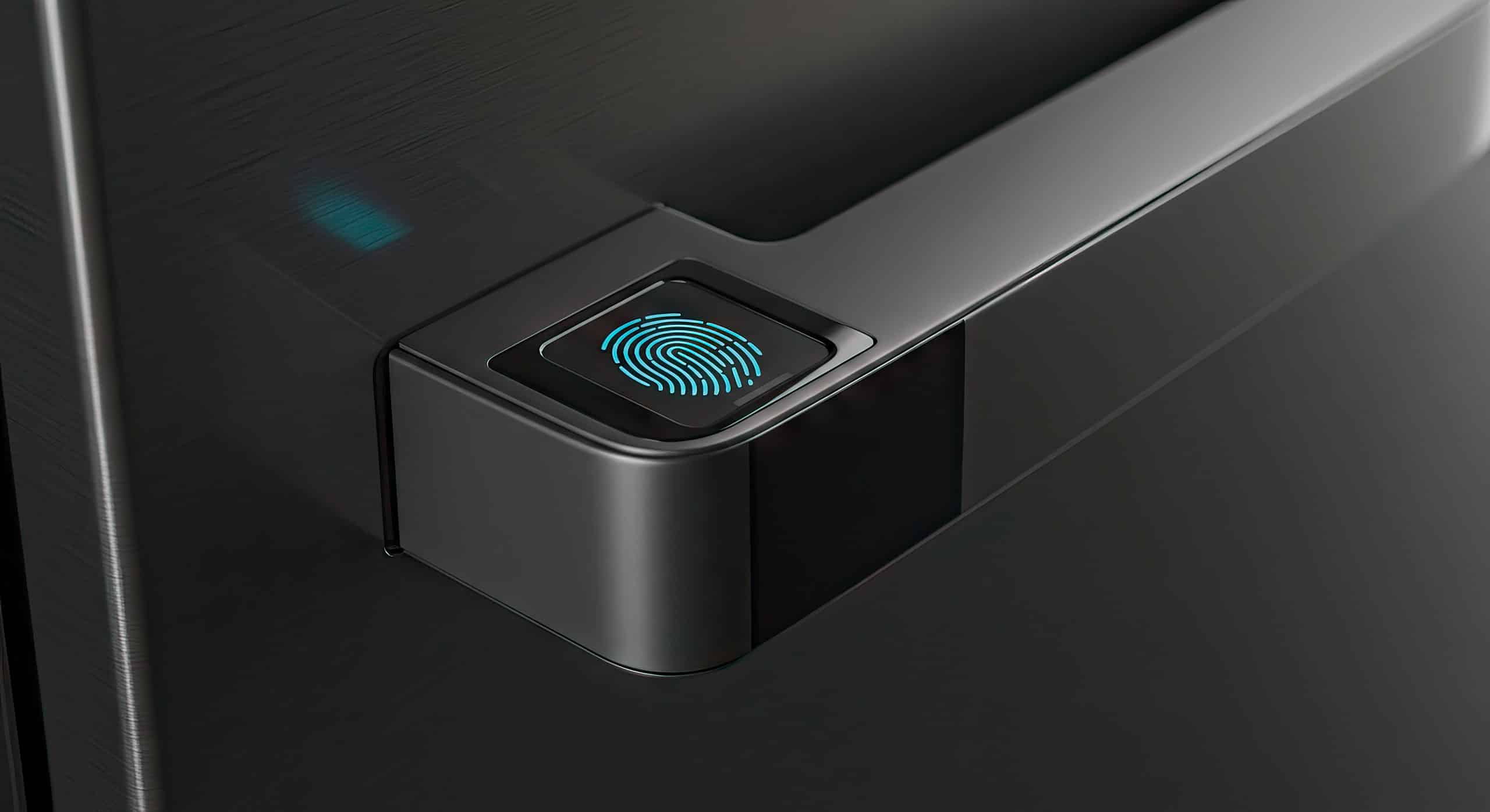 Matt-schwarzer Türgriff mit dezentem, blau leuchtendem Fingerabdruckscanner direkt am modernen Türgriff.