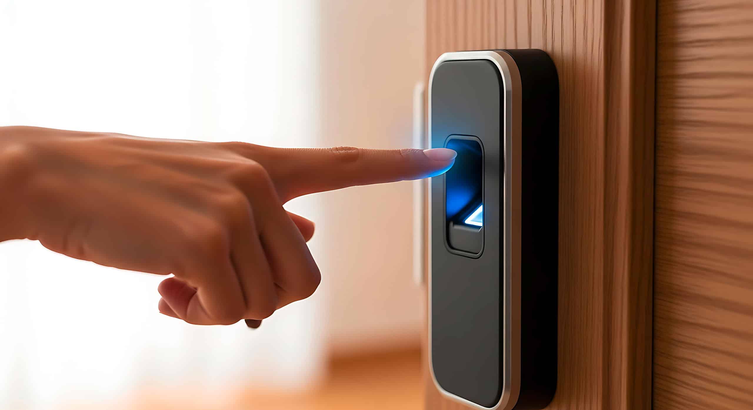 Detailfoto einer Hand, die gerade einen Finder an den Sensor des Fingerabdruckscanner an einer edlen Holztür hält, um Zutritt zu erhalten.