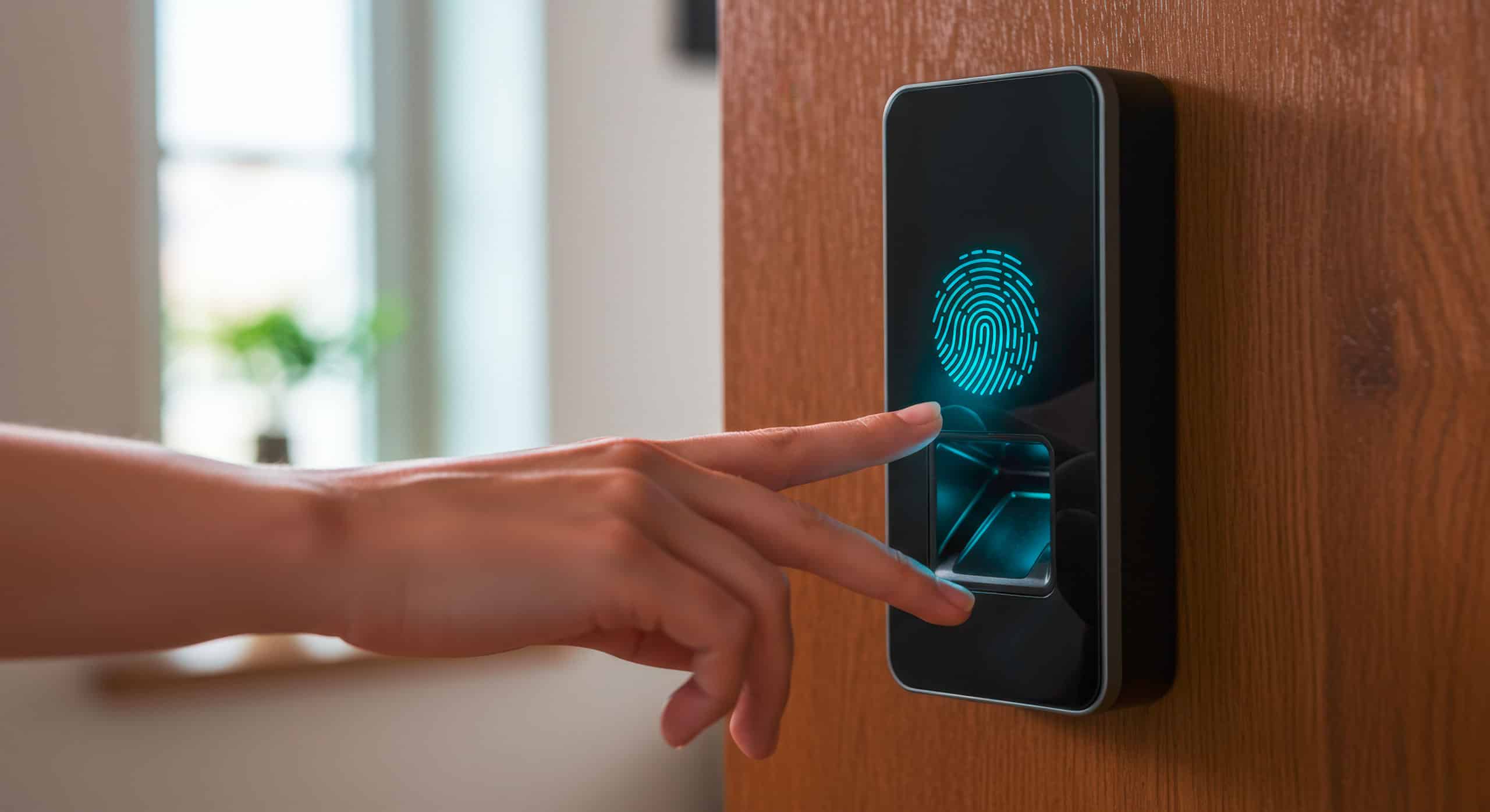 Hand schwebt über modernem Fingerabdruckscanner an Holztür mit leuchtendem Digitalabdruck eines Fingerprints.