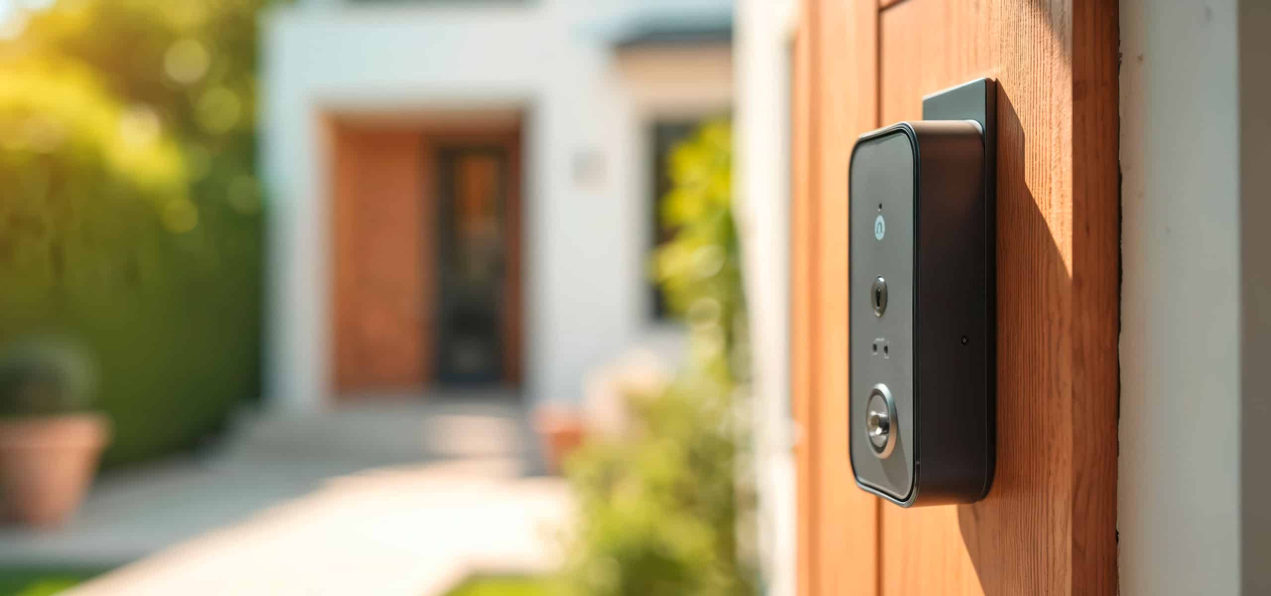 Intelligente Haustürsicherheit mit moderner Smart-Türklingel. Außenansicht des Eingangsbereichs mit stilvoller Holztür.