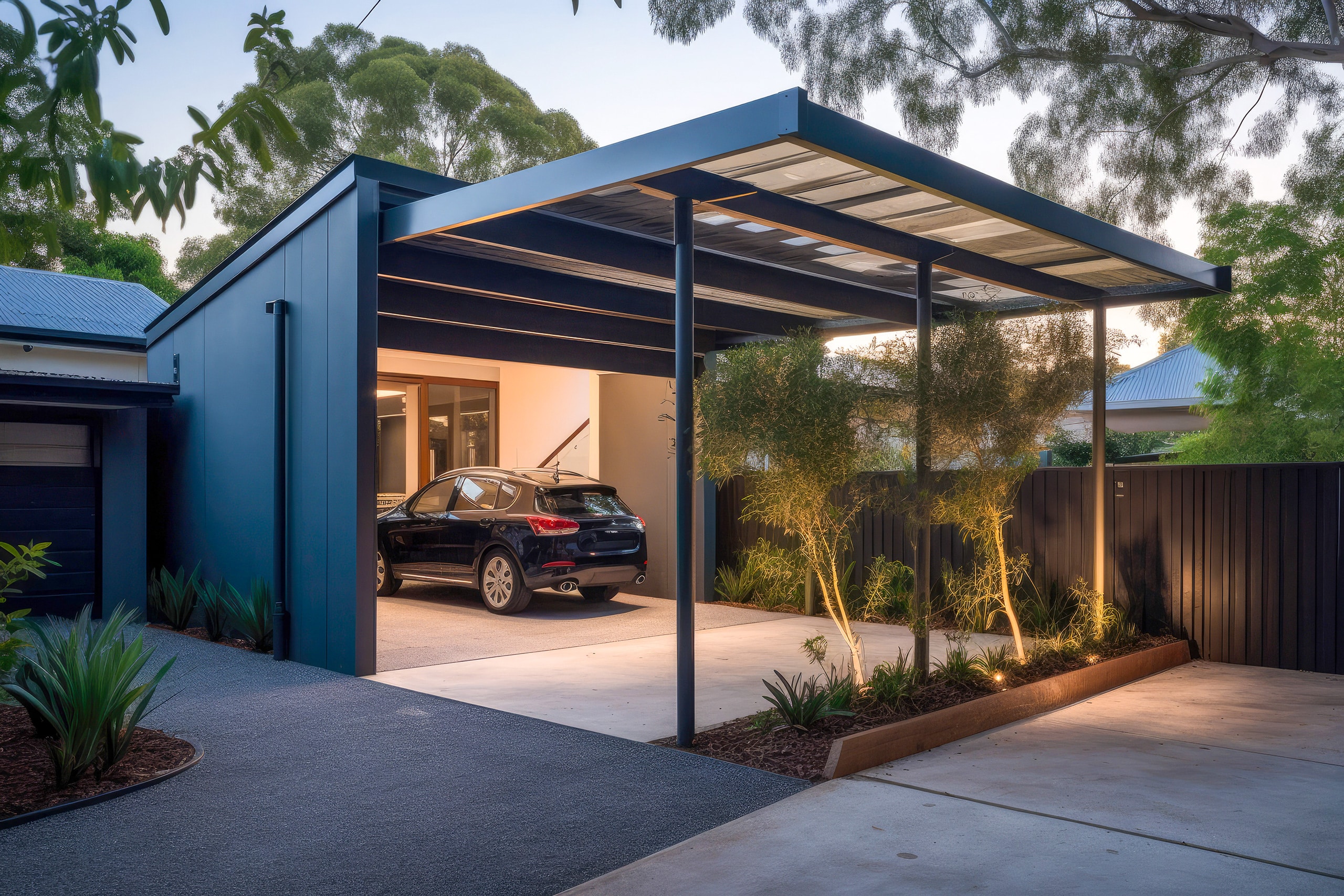 Moderner Stahlcarport in einem Einfamilienhaus. Modernes Haus im Hintergrund.