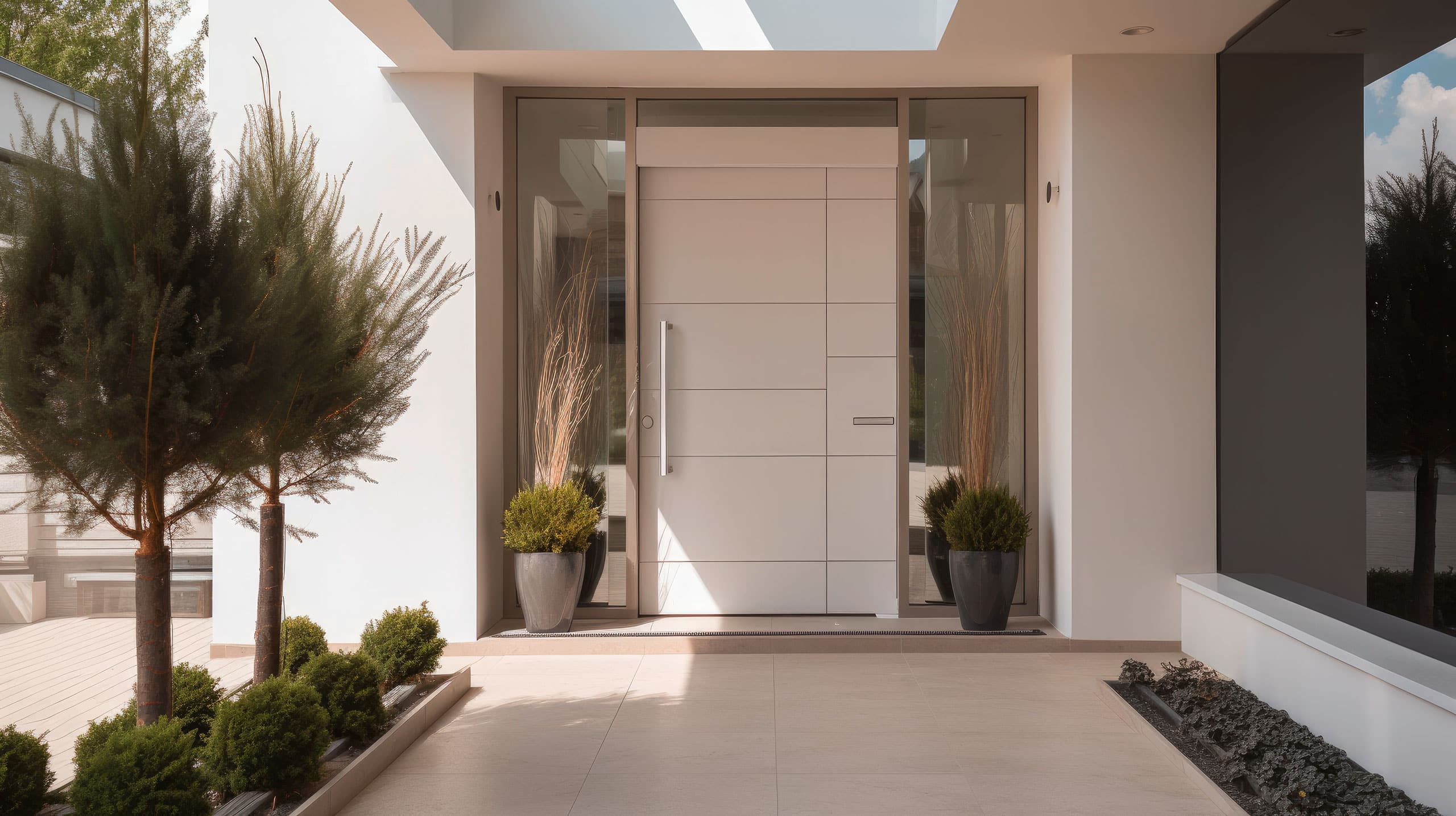 Eingang zu einem modernen Einfamilienhaus mit einer weißen Haustüre aus Aluminium, vertikalem Türgriff aus Edelstahl, sowie seitlichen Glaselementen.
