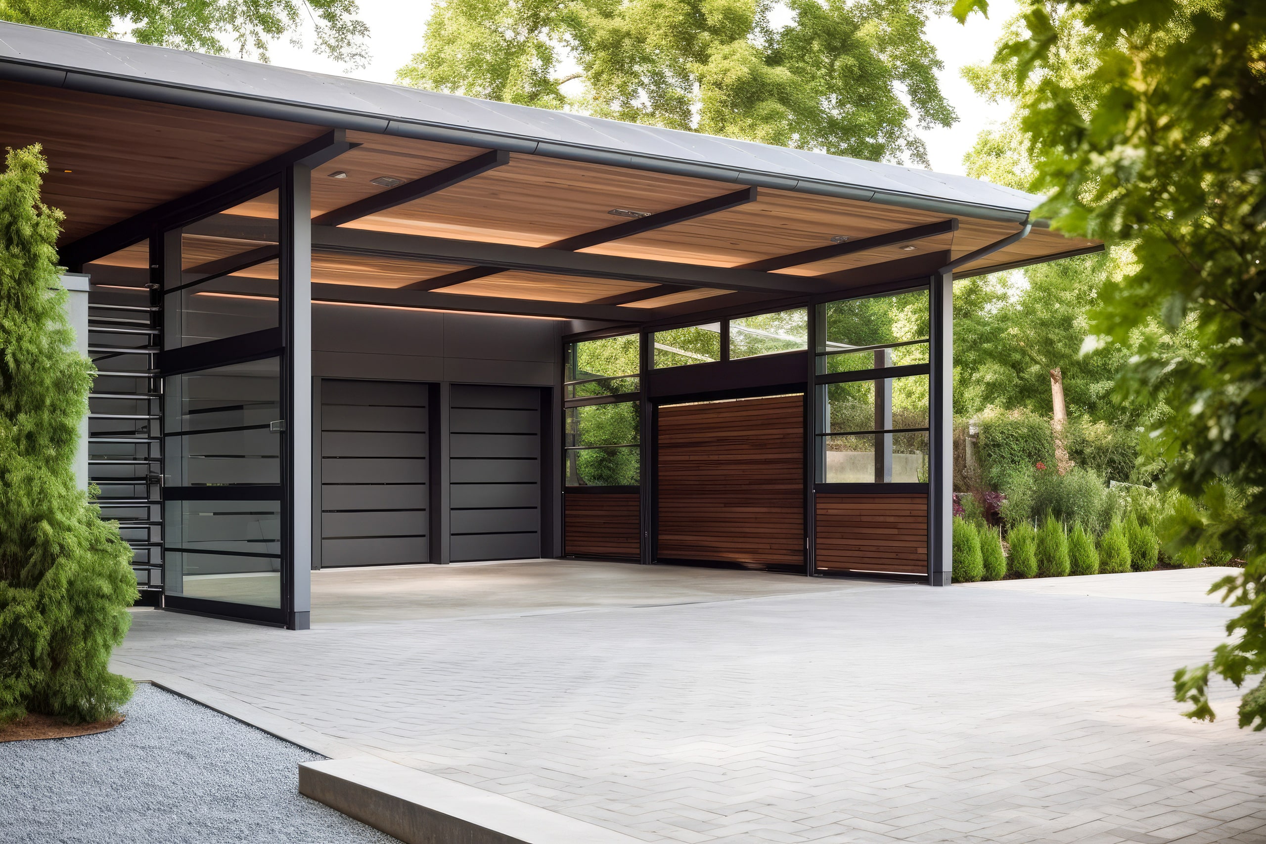Modernes Carport in dunklem Metall und nussbraunem Holz mit Galsbereiche.