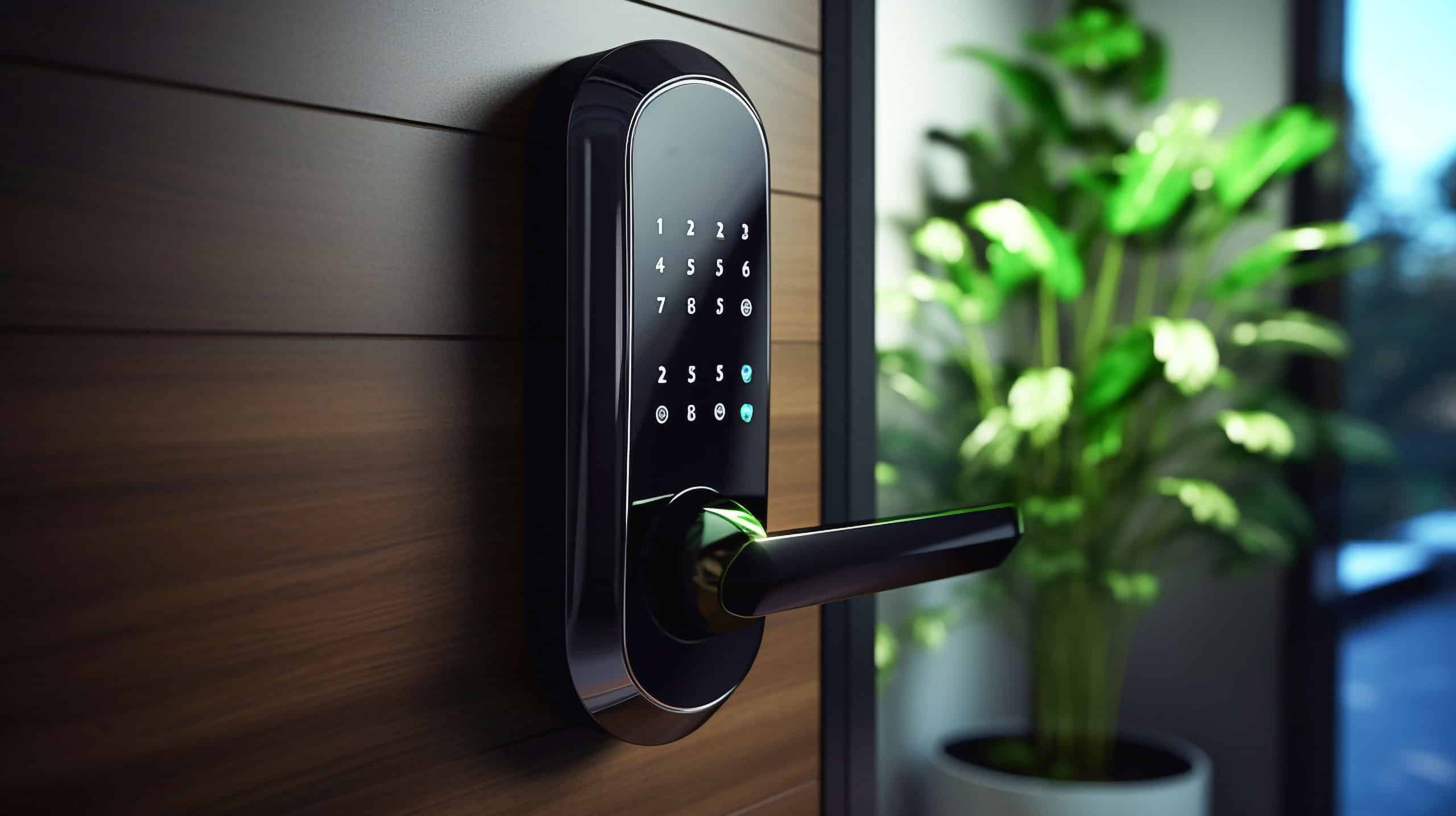 Digitaler Türgriff bzw. elektronischer Türknopf mit digitaler Code-Eingabe an der modernen Eingangstür als Zutrittssystem.