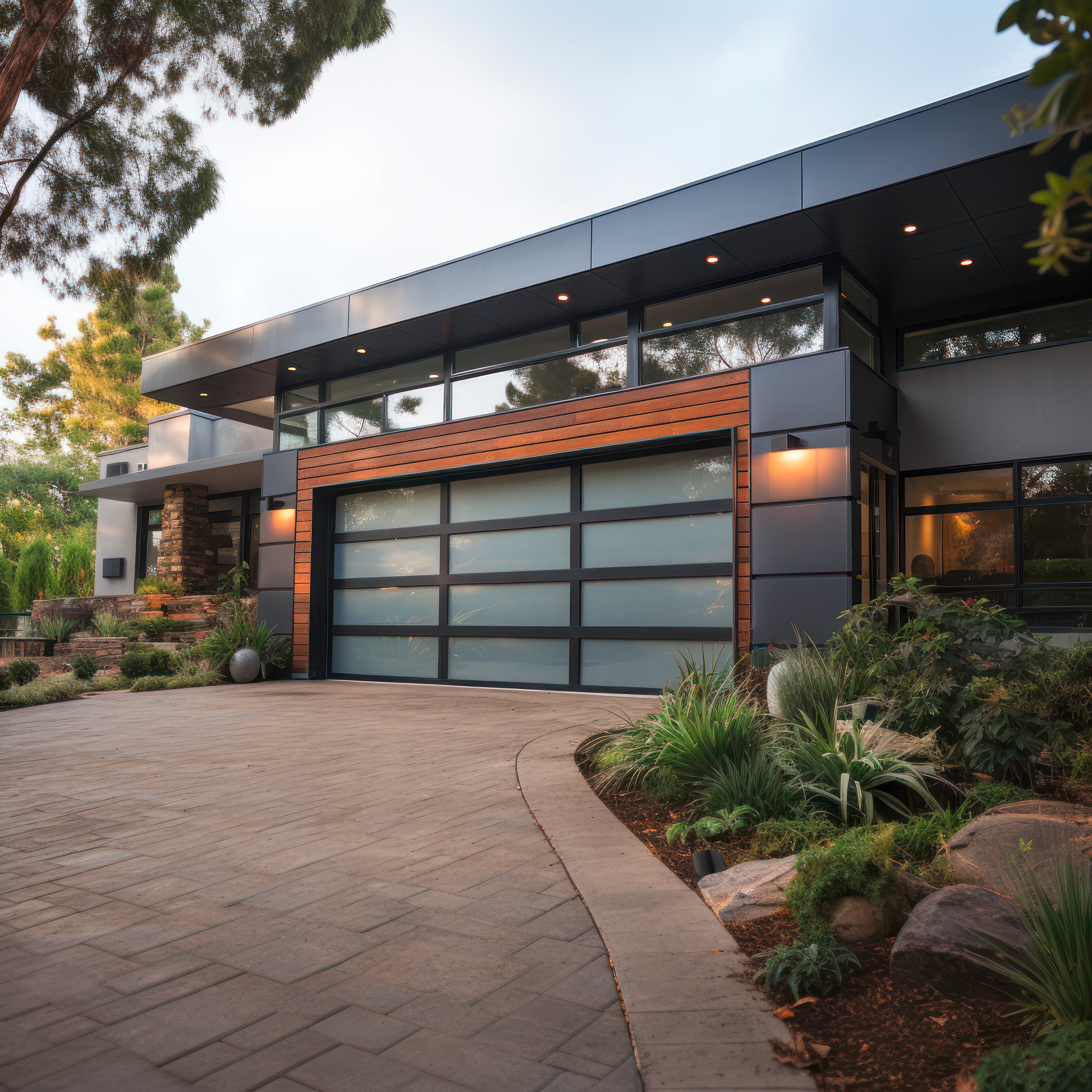 Modernes Garagentor mit breiter Rahmenkonstruktion und satinierten Glasflächen, dass als Deckensektionaltor installiert wurde und den Gesamteindruck des modernen Hauses positiv beeinflusst.