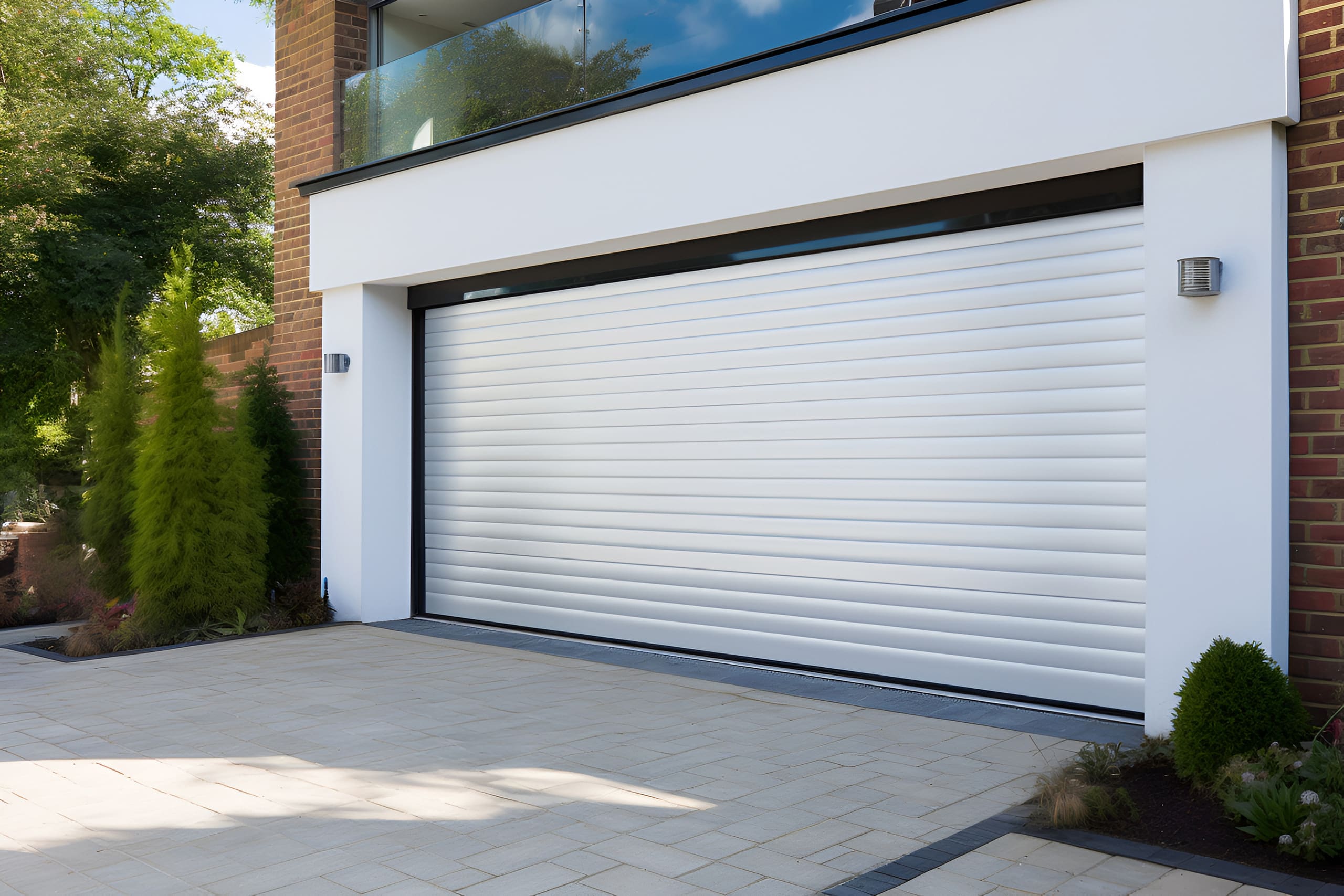 Breites, weißes Rolltor einer Doppelgarage mit Rollladenkasten eines modernen Backsteinhauses.