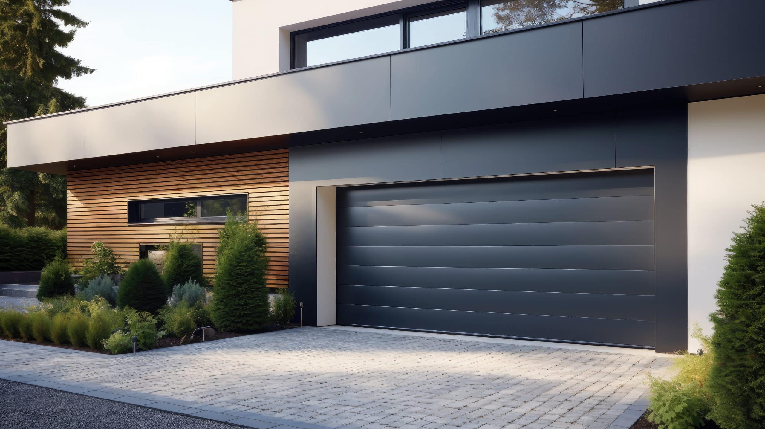 Moderne und luxuriöse Garage mit Auffahrt und Sektionaltor in Anthrazit.