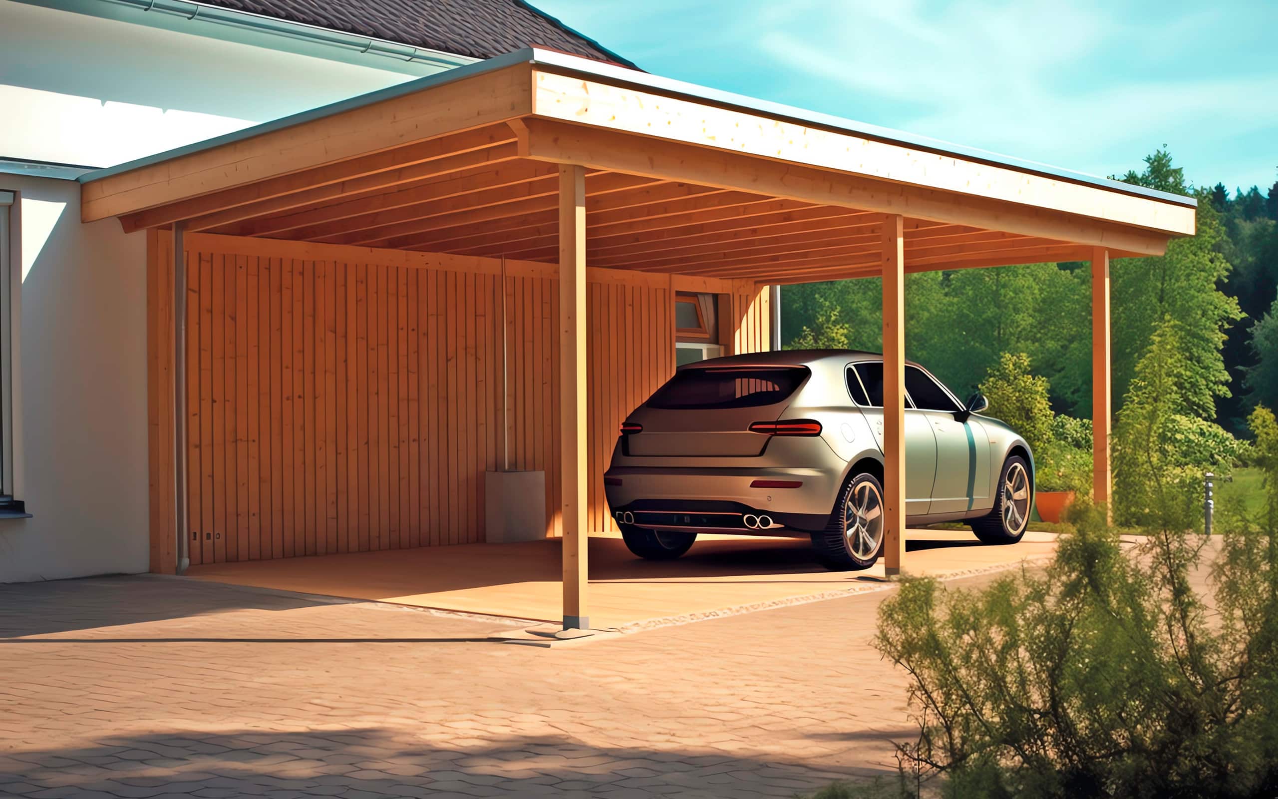 Parkendes Auto in einem schlicht-modernen Carport aus Holz, das direkt an die Fassade eines Einfamilienhauses angebaut wurde.