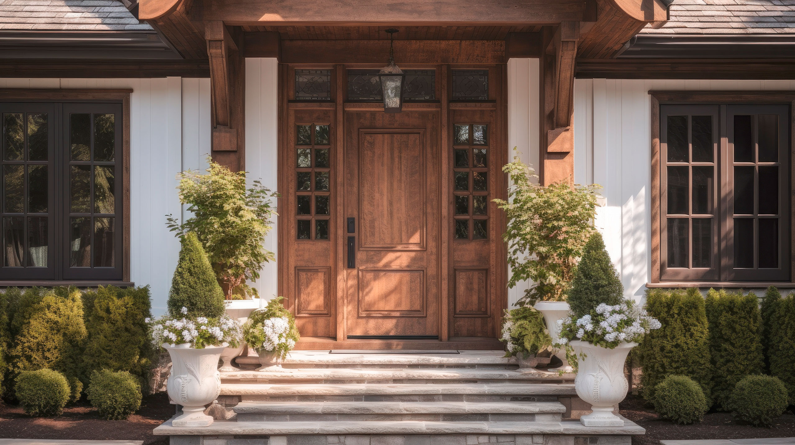 Haupteingangstür eines Hauses im georgianischen Stil mit weißen Säulen und Steinverkleidung, sowie hölzerner Haustüre mit Giebelveranda und Treppenabsatz.