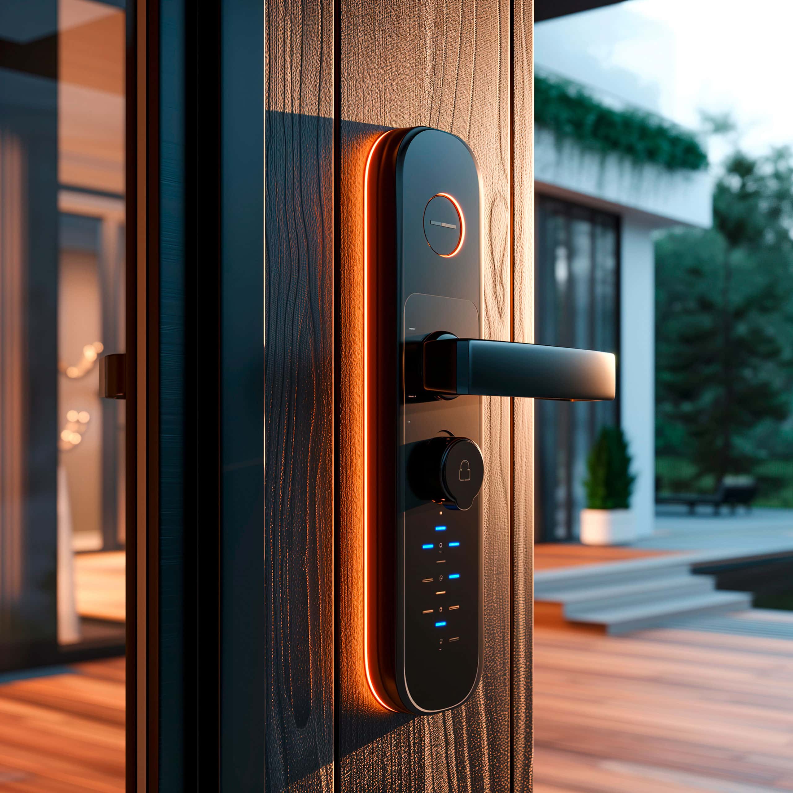 Innovativer Türgriff auf einer Eingangstür mit Glasbereich für schlüssellosen Zugang zur Haustür mit biometrischem Fingerprint-Scanner.