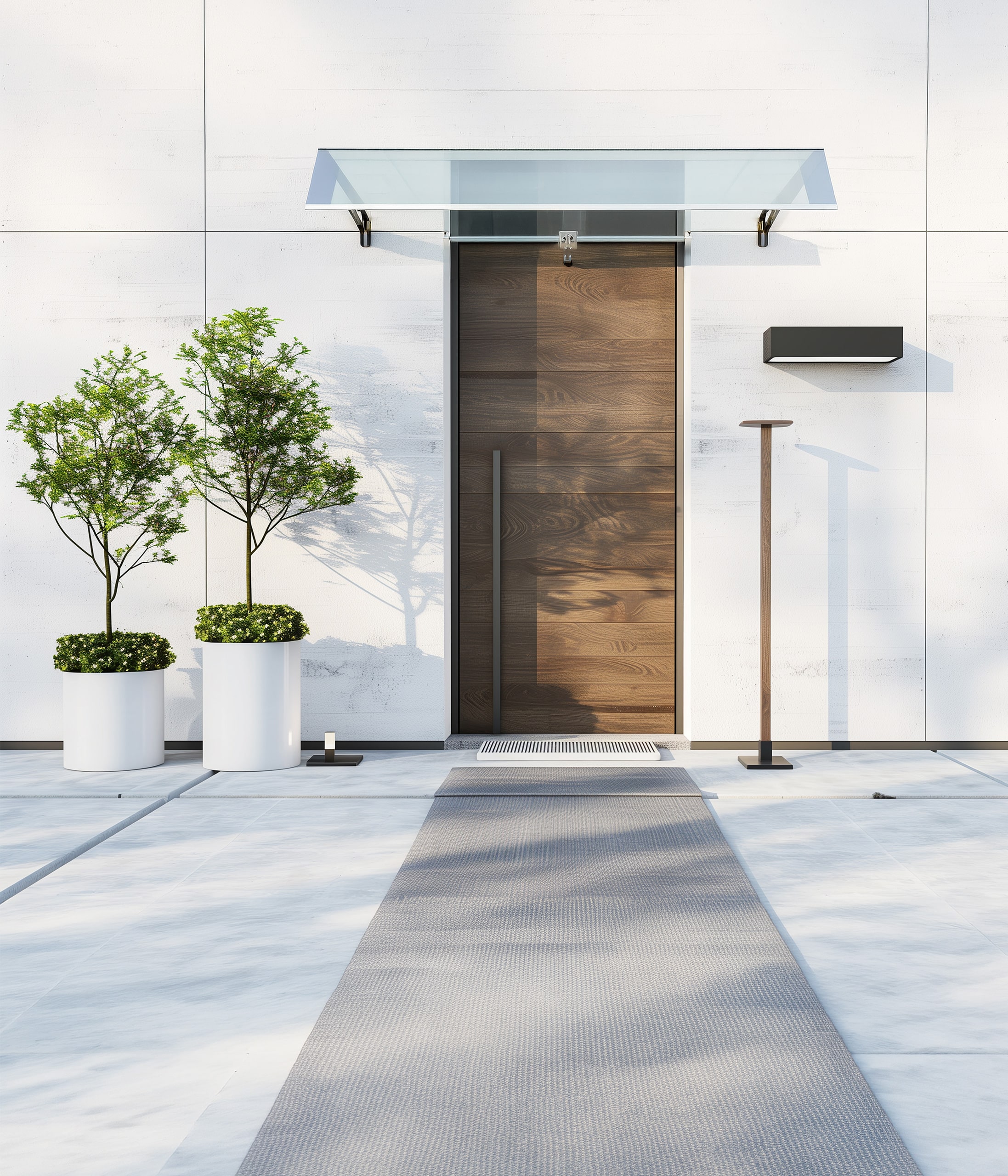 Moderner Hauseingang mit weißen Fassadenplatten und einer nachhaltigen Haustür aus Naturholz und vertikalem Türgriff aus Metall. Darüber eine dezentes Vordach aus Glas mit Metallverankerung an der Fassadenwand. - KI-generiert
