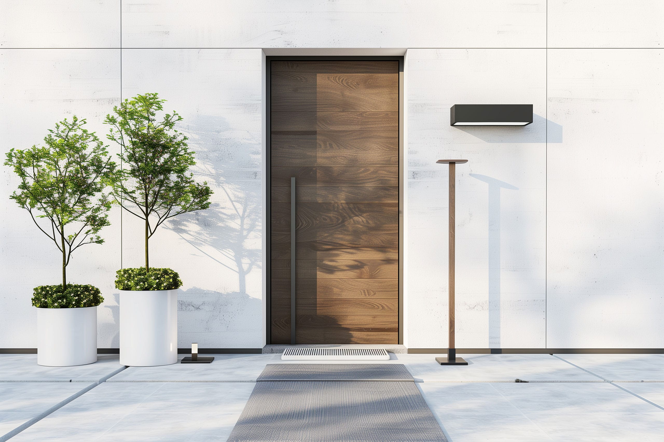 Moderner Hauseingang mit weißen Fassadenplatten und einer nachhaltigen Haustür aus Naturholz und vertikalem Türgriff aus Metall.