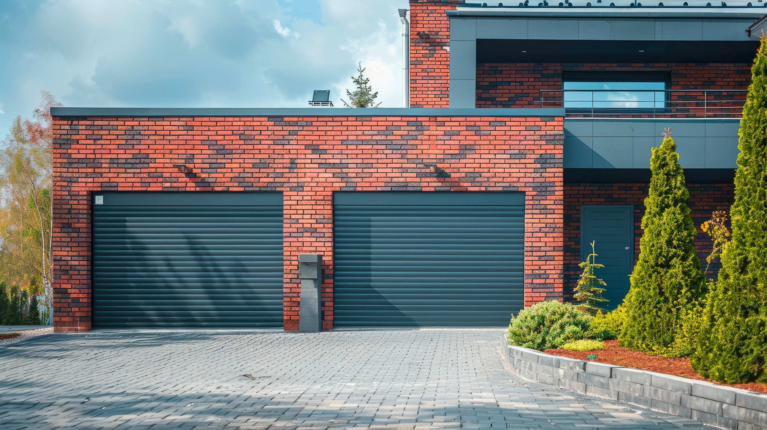 Moderne, gemauerte Garage mit zwei einzelnen, dunkelgrauem Rollladentoren.