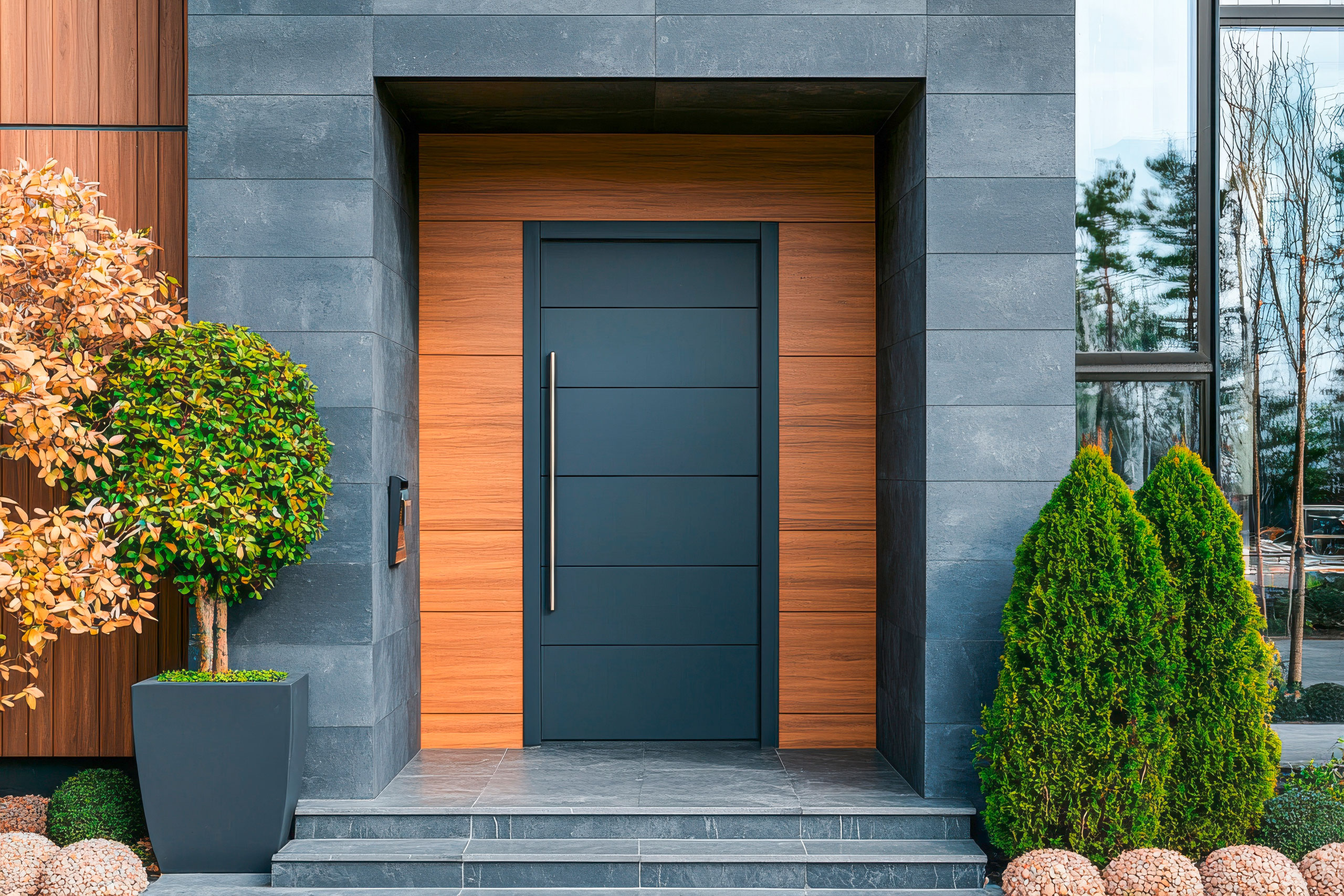 Stilvolles Vorstadthaus mit moderner Aluminium-Haustüre in anthrazit mit ansprechender Bepflanzung im Vorgarten.