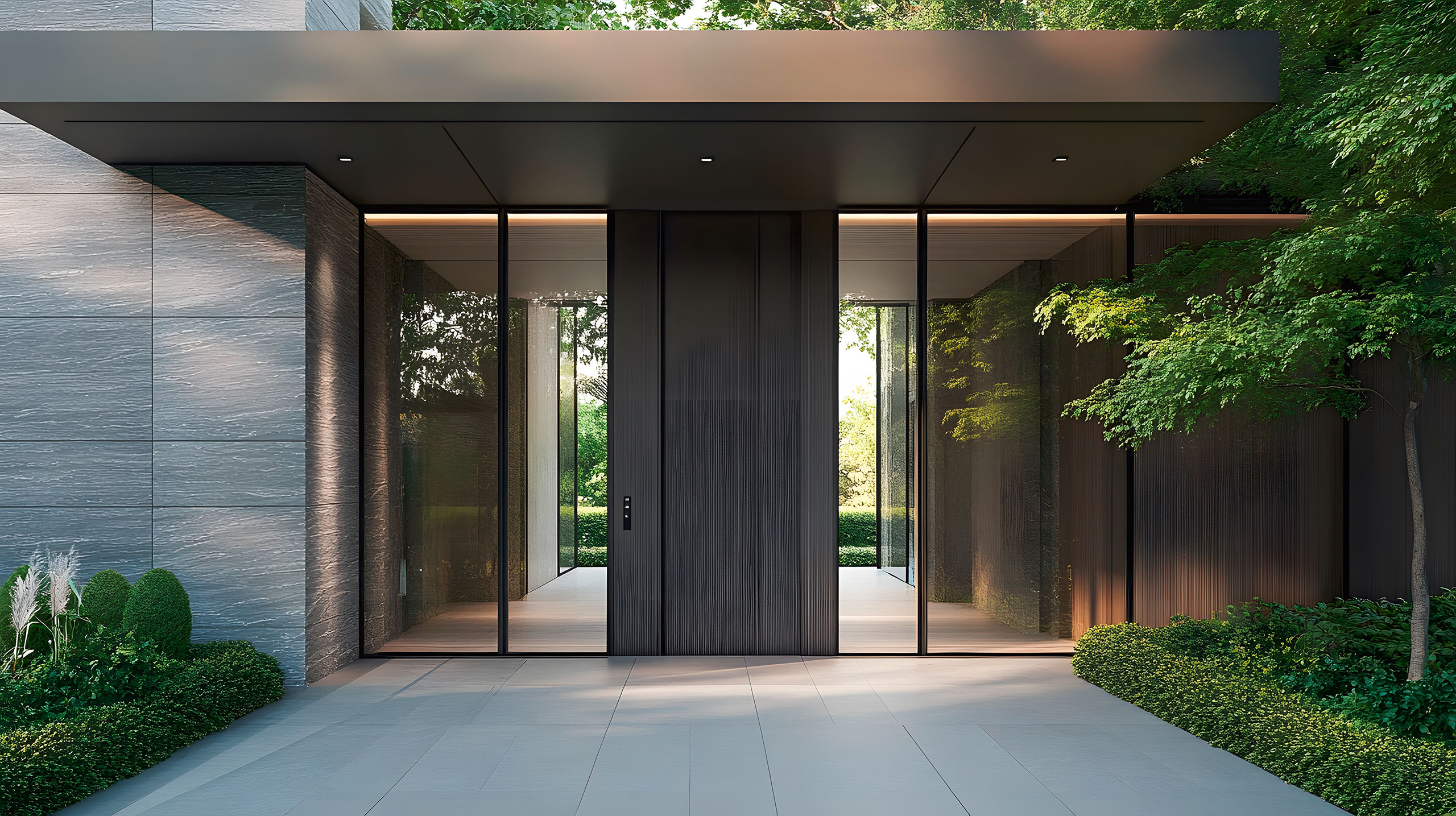 Moderner Eingangsbereich eines puristischen Wohnhauses mit einer Fassade grauen Steinplatten, sowie einer breiten Massivholz-Haustüre mit langem, vertikalem Türgriff aus Metall und einem biometrischen Fingerprint-Scanner, sowie beidseitigen Glaselementen.