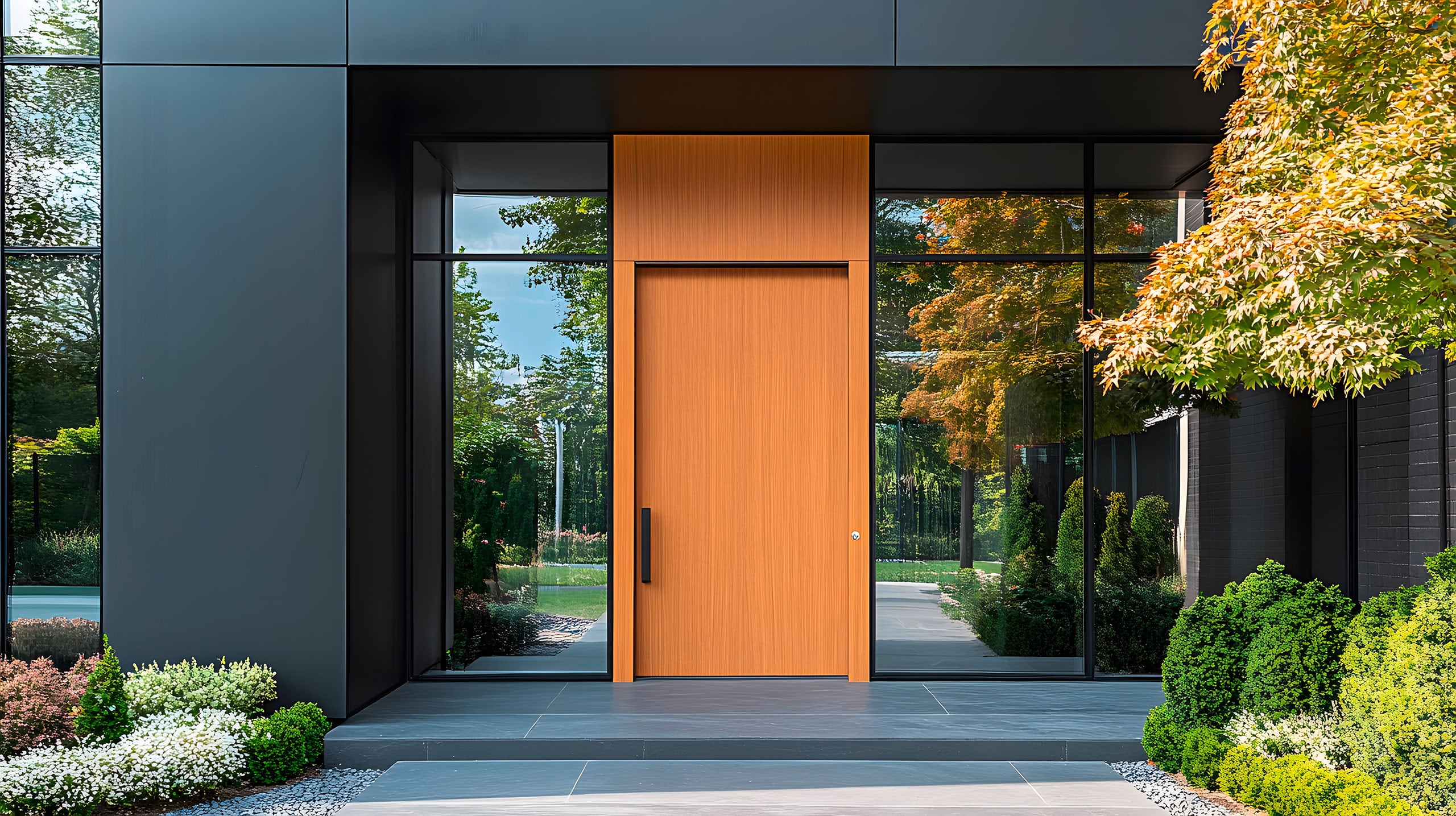 Moderner Eingangsbereich eines modernen Wohnhauses mit dunklen Fassadenlatten, sowie breiter Massivholz-Haustüre und vertikalen Türgriff aus Metall, sowie beidseitigen Glaselementen.