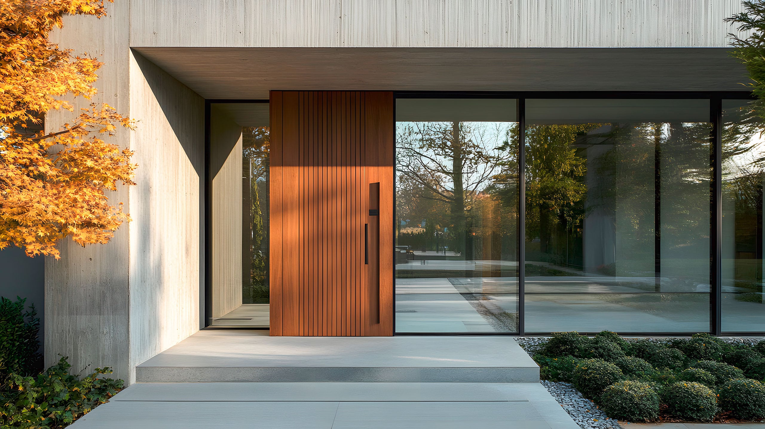 Moderner Eingangsbereich eines modernen Wohnhauses aus Beton mit breiter Massivholz-Haustüre und vertikalen Türgriff aus Metall, sowie beidseitigen Glaselementen.
