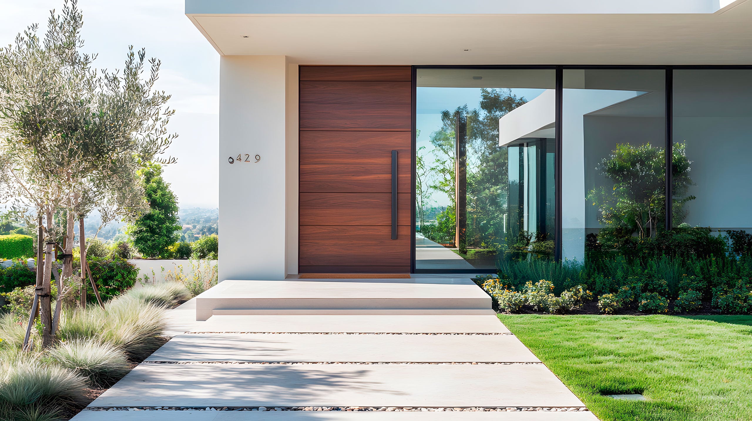 Moderner Eingangsbereich eines Wohnhauses mit breiter Massivholz-Haustüre und langem, vertikalen Türgriff, sowie Flachdach und schlichter weißer Hausfassade.