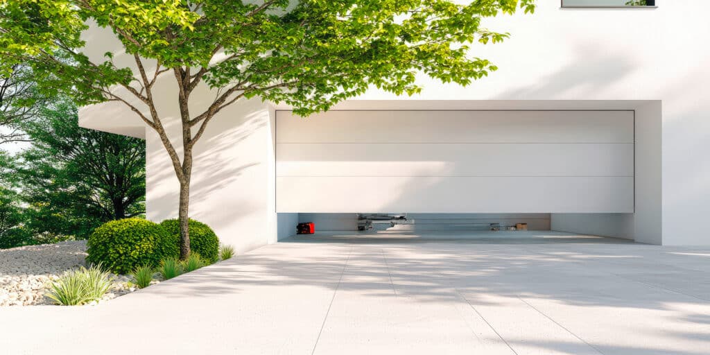 Modernes, automatisches Garagentor in weiß, mit Blick in das Innere der Garage.