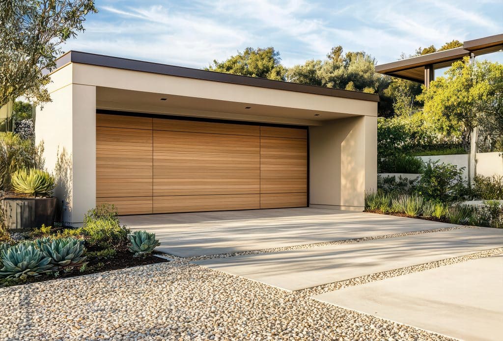 Modernes Garagendesign mit klaren Linien und schlankem und zeitgenössischem Design. Die freistehende Garage verfügt über ein helles, holzgetäfeltes Sektionaltor, die das minimalistische Gesamtbild ergänzt .