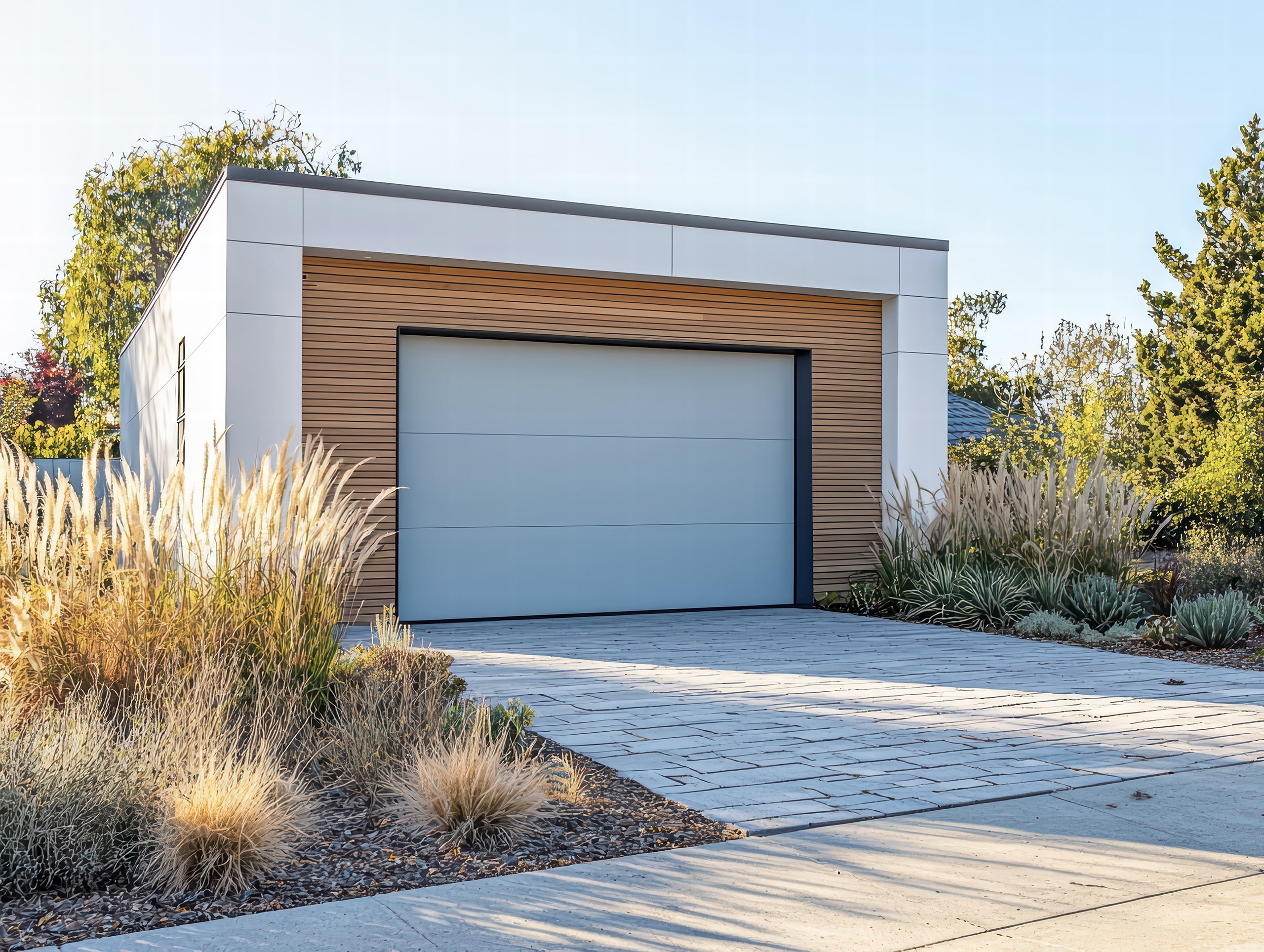 Modernes Garagendesign: Klare Linien und zeitgenössische Architektur prägen diese freistehende Garage mit hellgrauer Tür, Holzverkleidung und minimalistischem Landschaftsdesign.