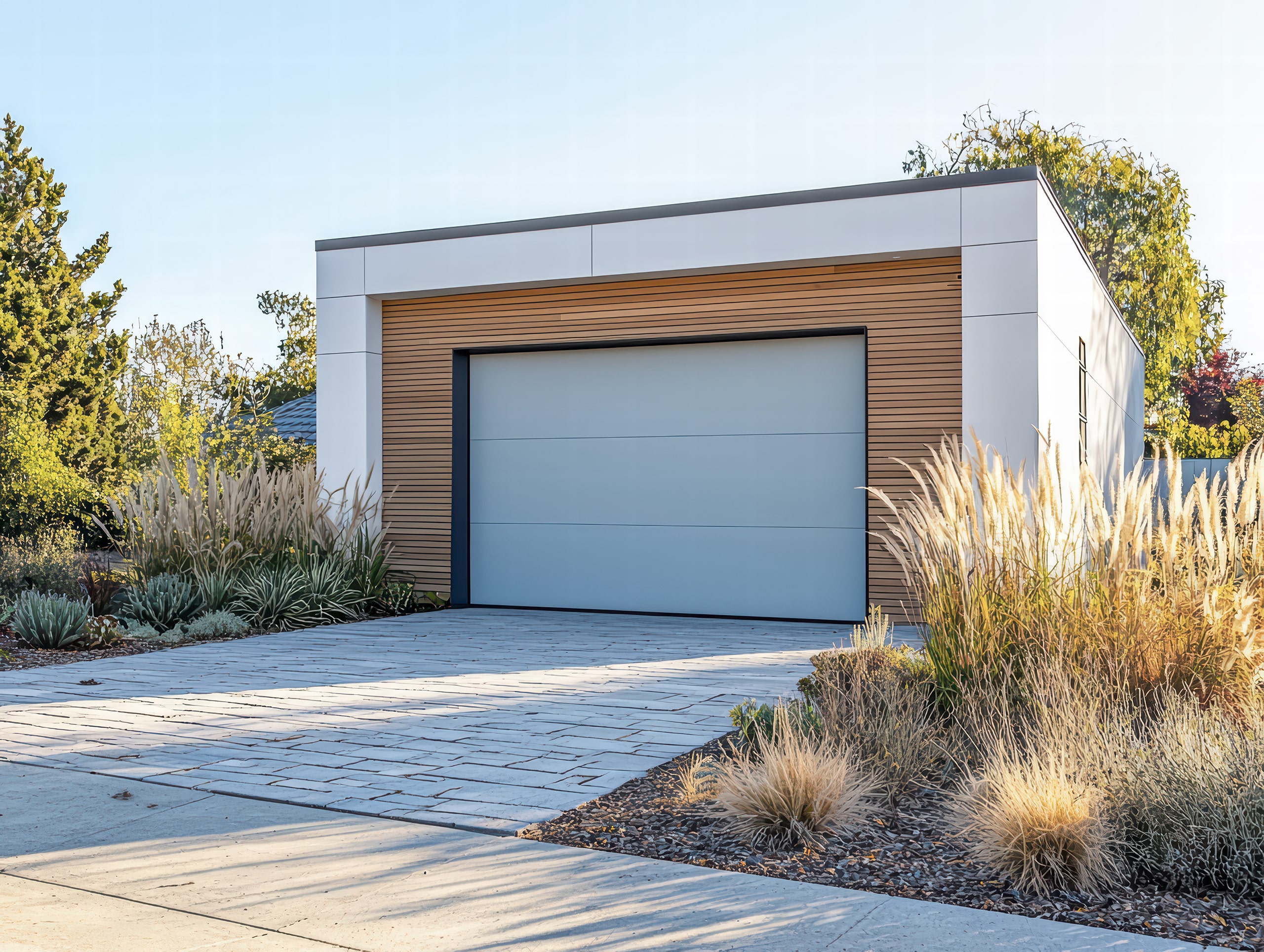 Modernes Garagendesign: Klare Linien und zeitgenössische Architektur prägen diese freistehende Garage mit hellgrauer Tür, Holzverkleidung und minimalistischem Landschaftsdesign.