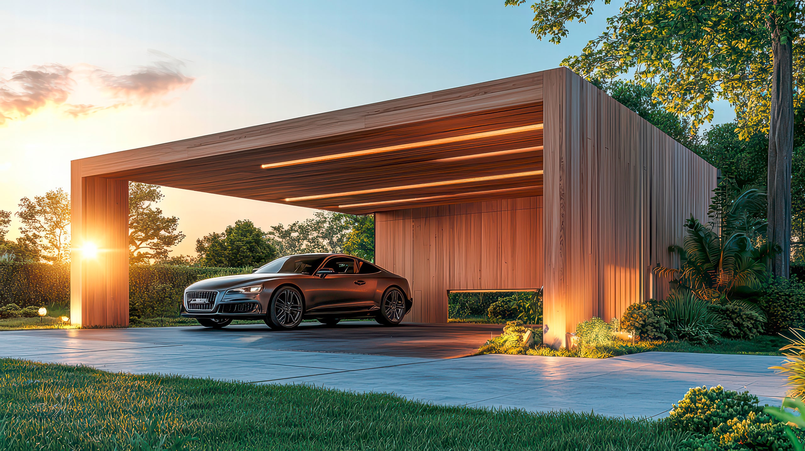 Modernes Carport-Design: Ein elegantes, dunkel gefärbtes Auto ruht unter einem modernen Holzcarport, der bei Sonnenuntergang von warmem, integriertem Licht erhellt wird.
