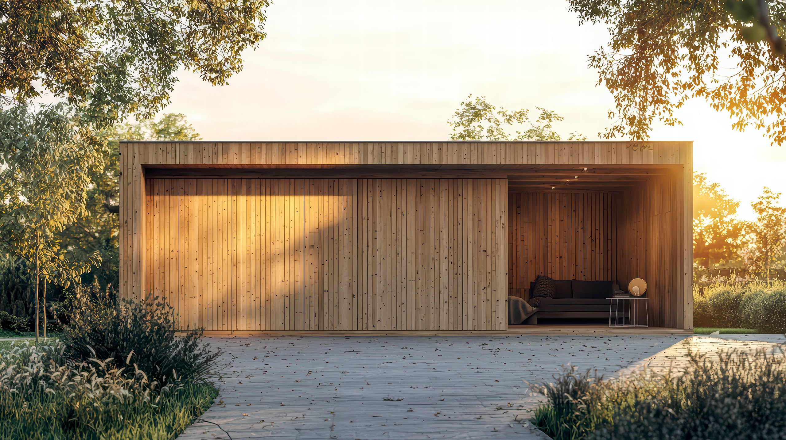 Moderne Garage aus Holz mit integrierter Niesche als Lounge-Bereich.