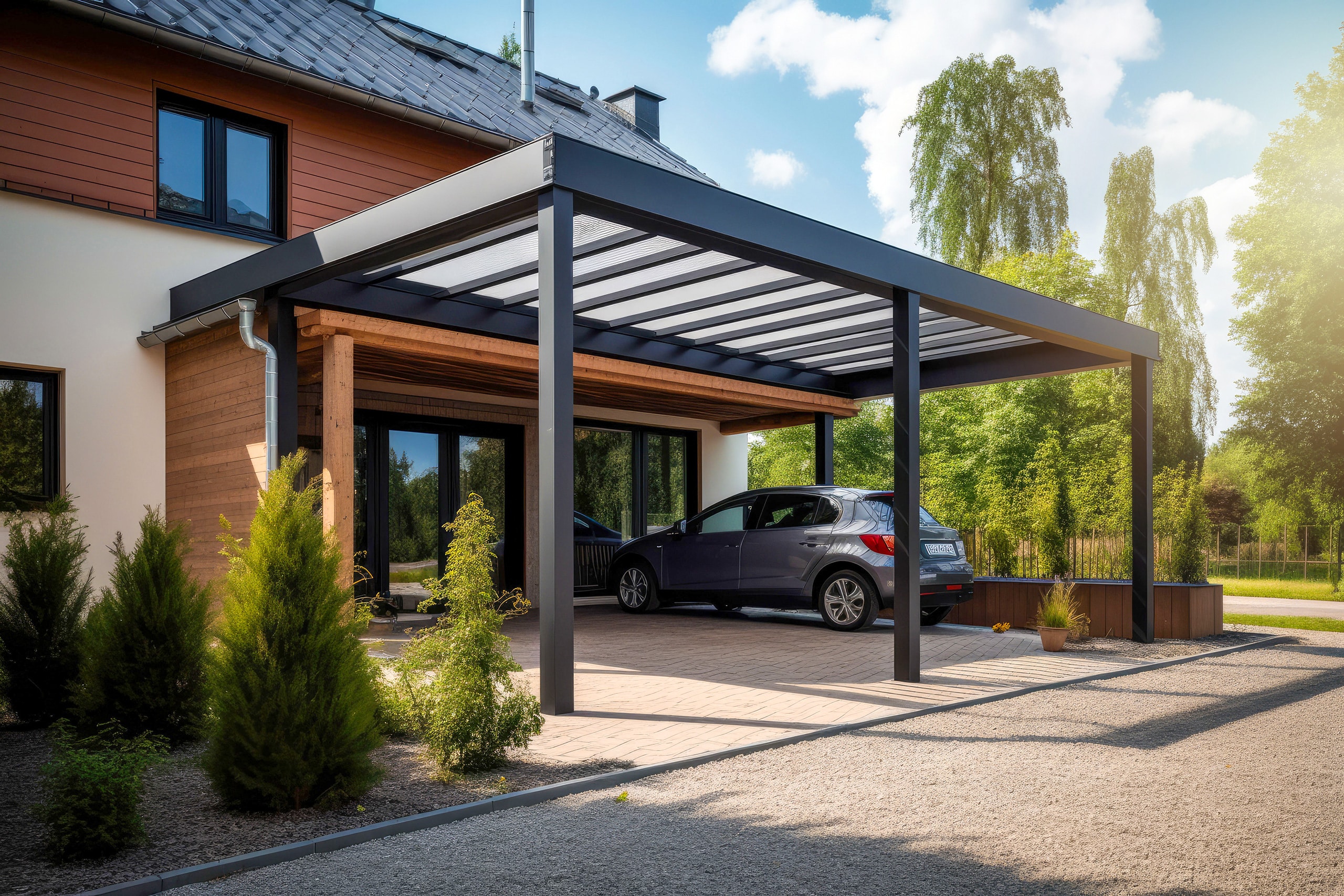 Moderner Stahlcarport in einem Einfamilienhaus. Modernes Haus im Hintergrund.
